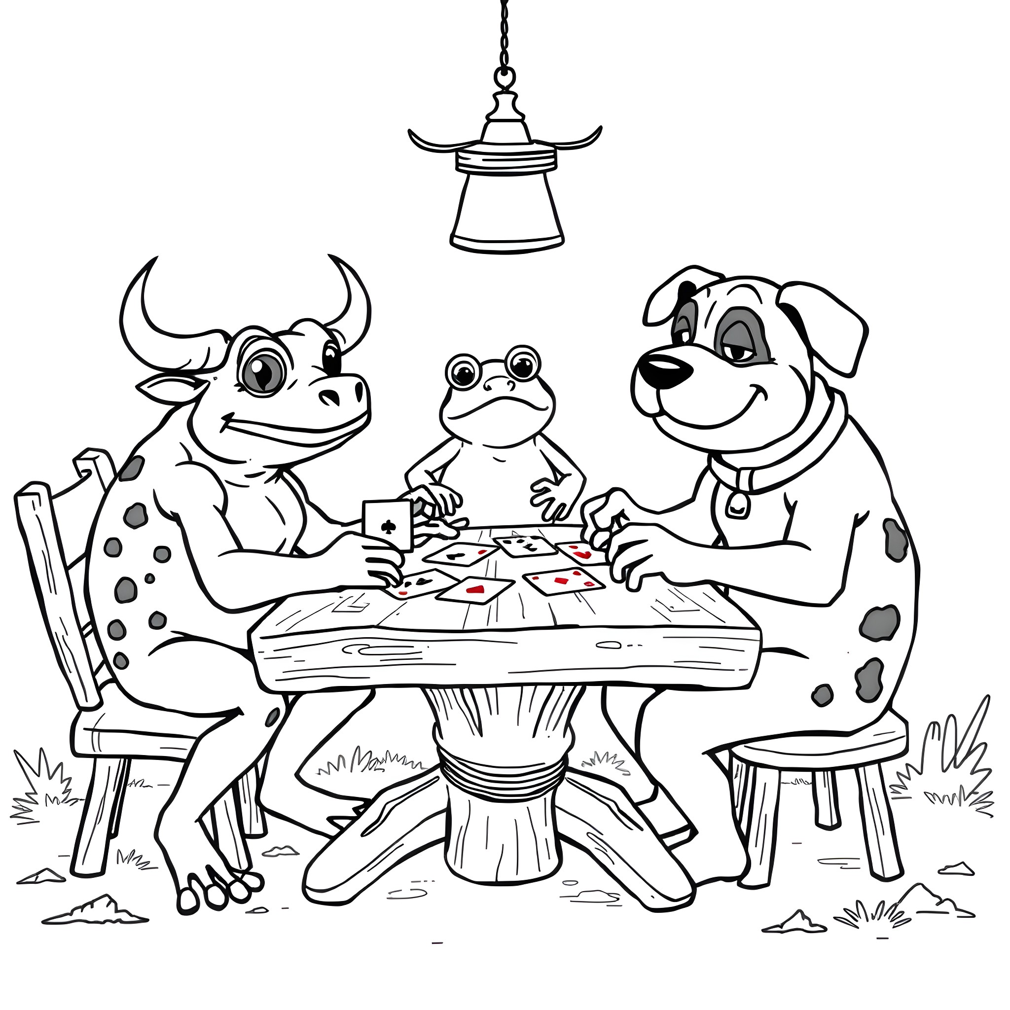 Bullfrog, frog, and dog playing board game together Coloring Page (free black-and-white line drawing printable PDF for all, from beginners to advanced learners, including children, teens, adults, and seniors)
