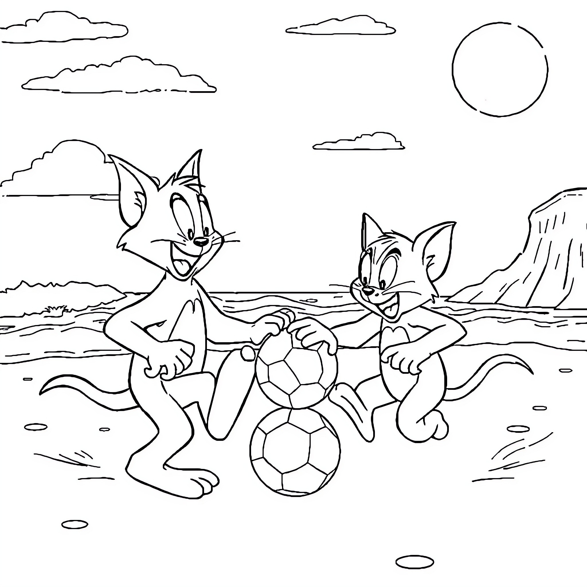 Tom et Jerry playing soccer in the desert Coloring Page (free black-and-white line drawing printable PDF for all, from beginners to advanced learners, including children, teens, adults, and seniors)
