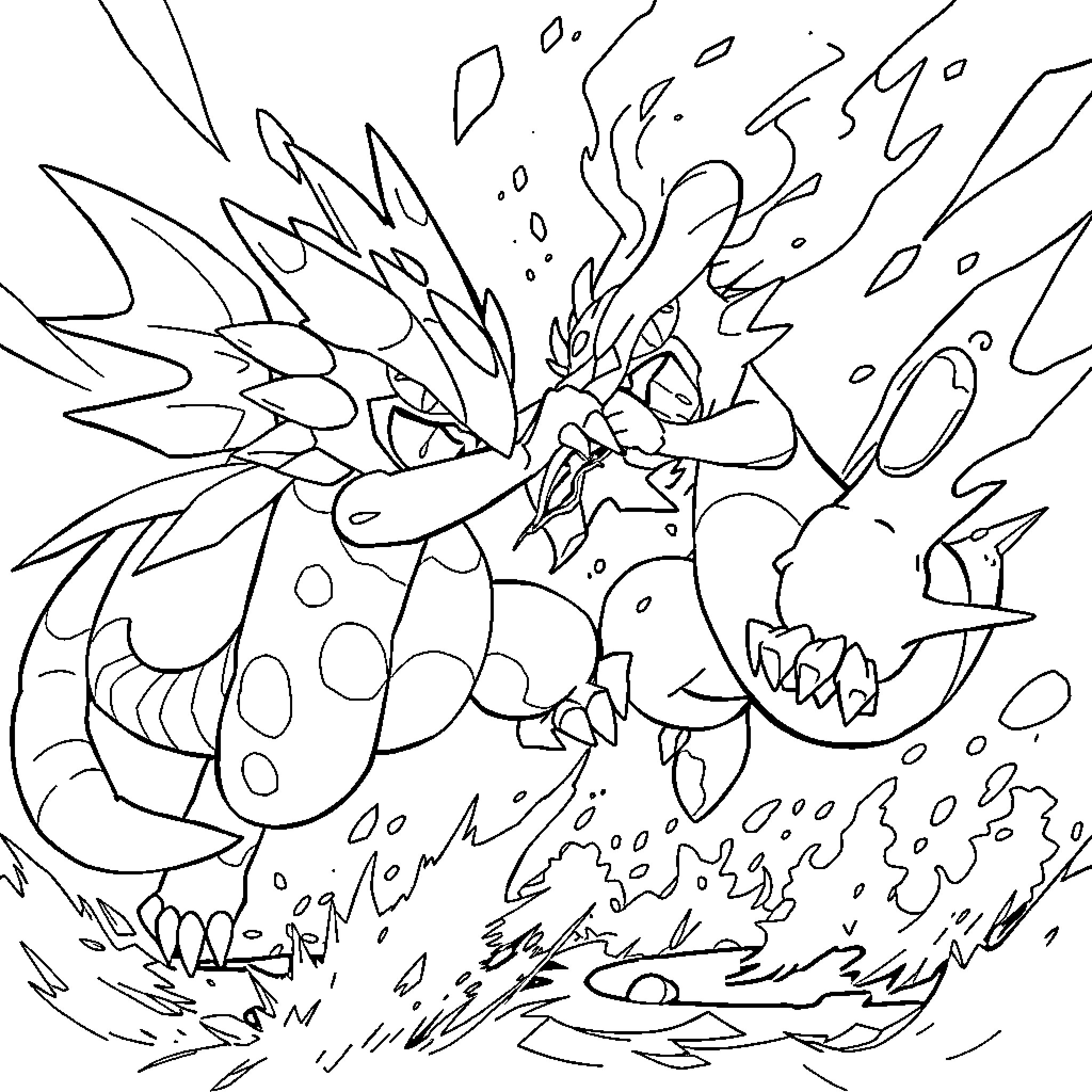 Glumanda Battling Ferocious Fire-Breathing Dragon Coloring Page (free black-and-white line drawing printable PDF for all, from beginners to advanced learners, including children, teens, adults, and seniors)
