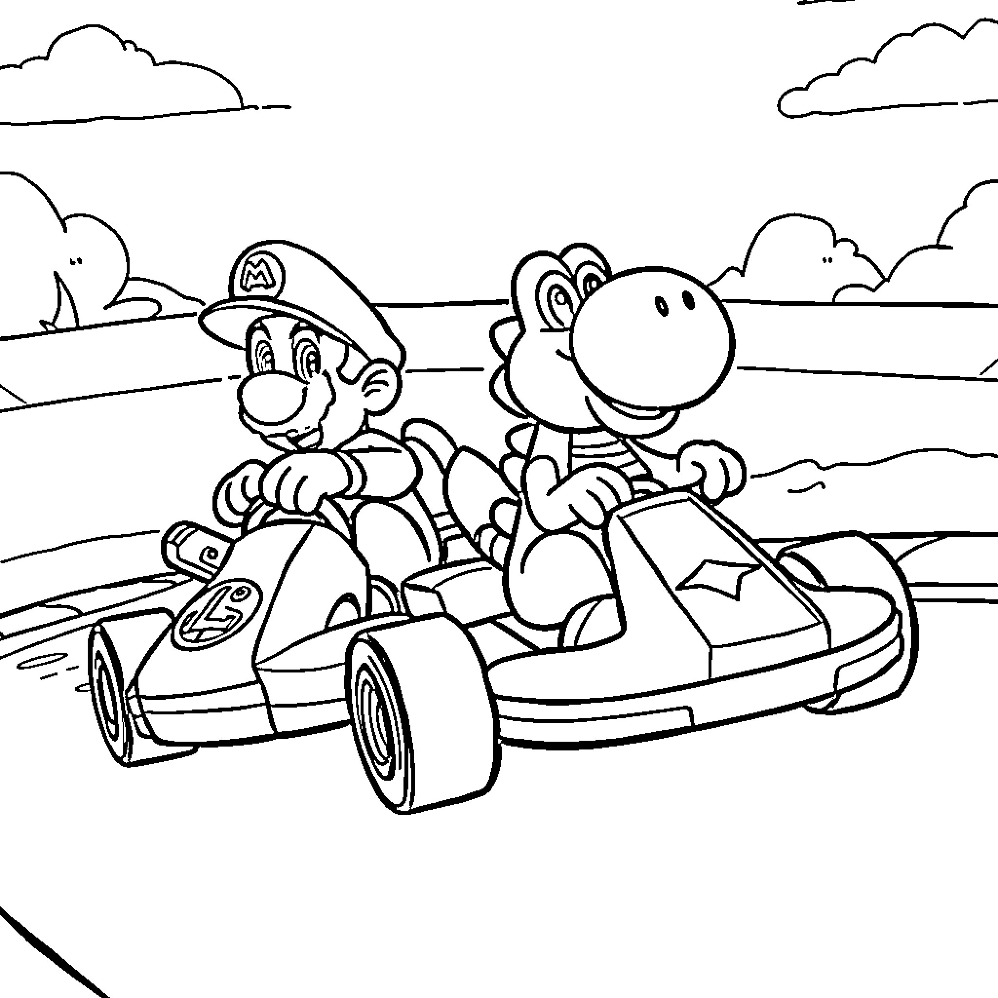 Mario Kart: Friends Racing Joyfully Coloring Page (free black-and-white line drawing printable PDF for all, from beginners to advanced learners, including children, teens, adults, and seniors)