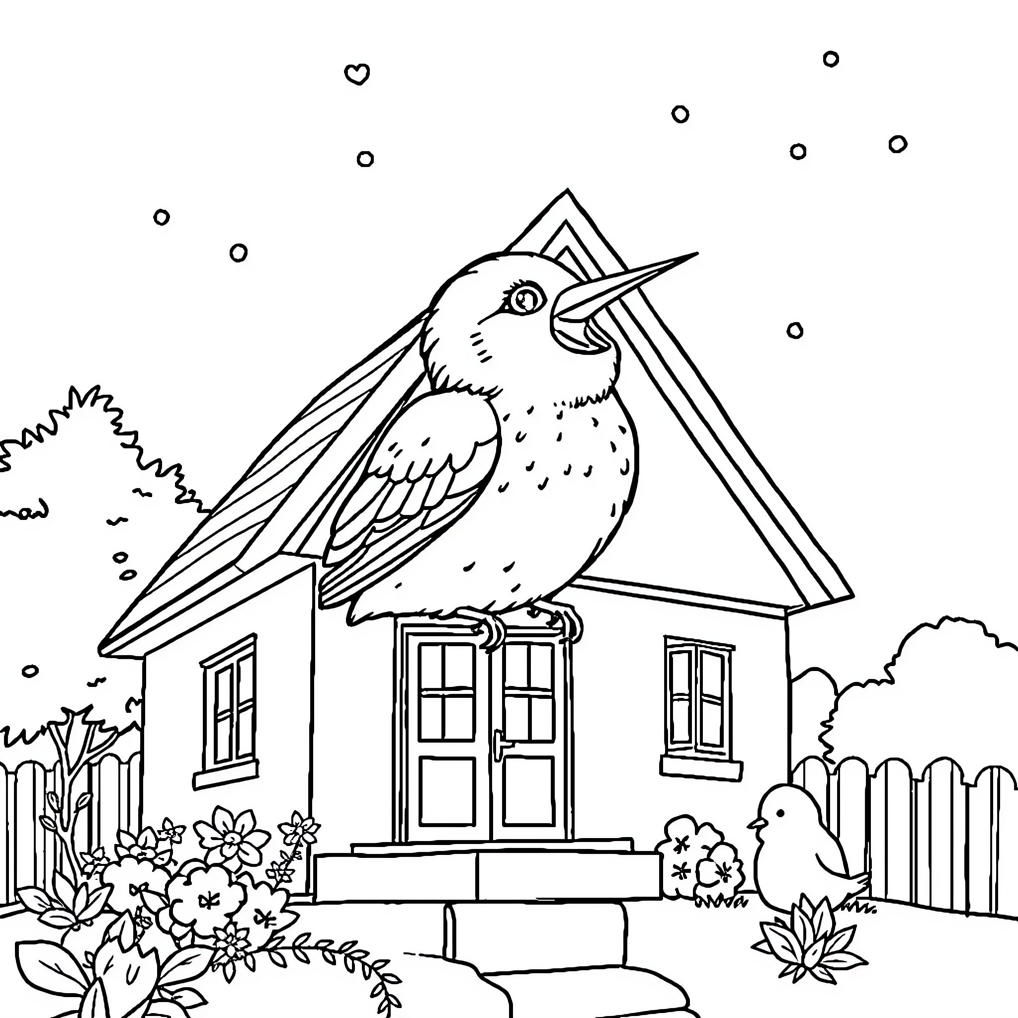 Canary perched atop a charming cottage Coloring Page (free black-and-white line drawing printable PDF for all, from beginners to advanced learners, including children, teens, adults, and seniors)