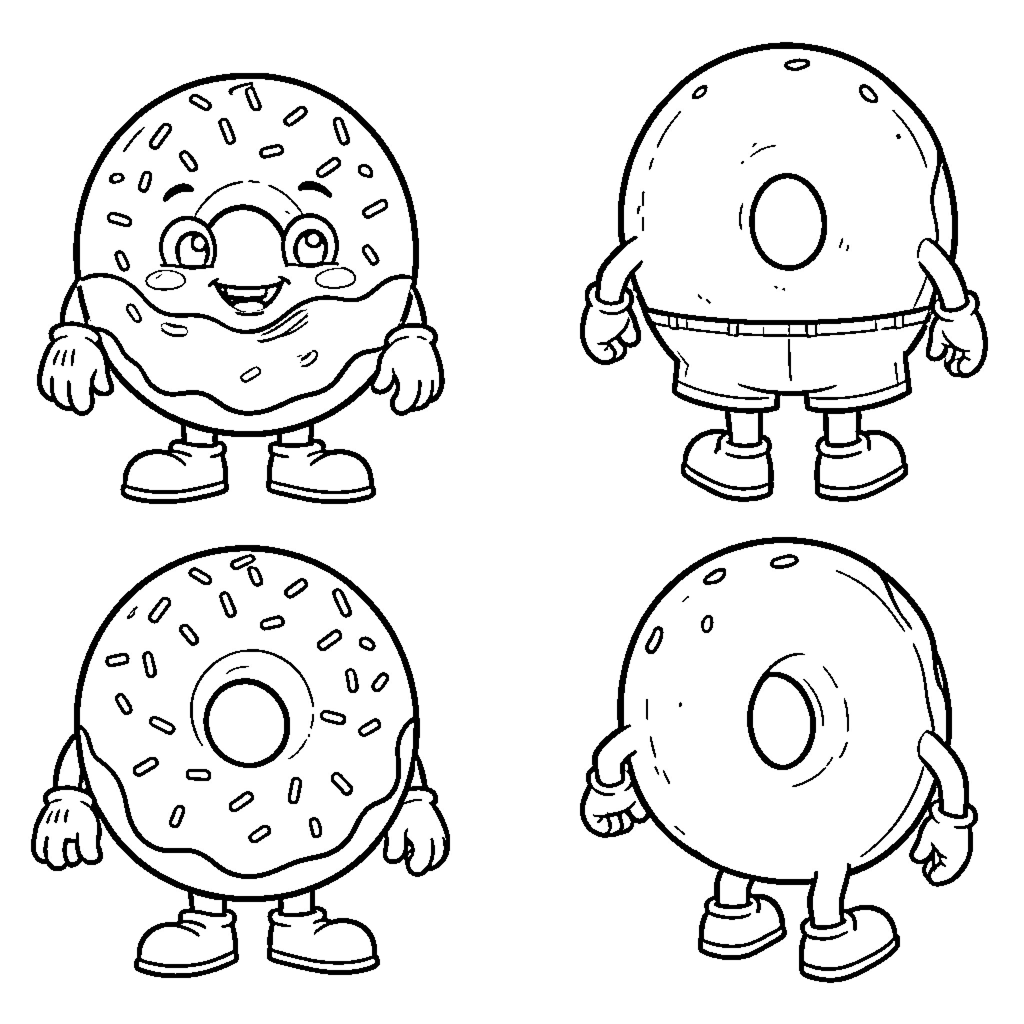 Donut character posing in various fun stances Coloring Page (free black-and-white line drawing printable PDF for all, from beginners to advanced learners, including children, teens, adults, and seniors)