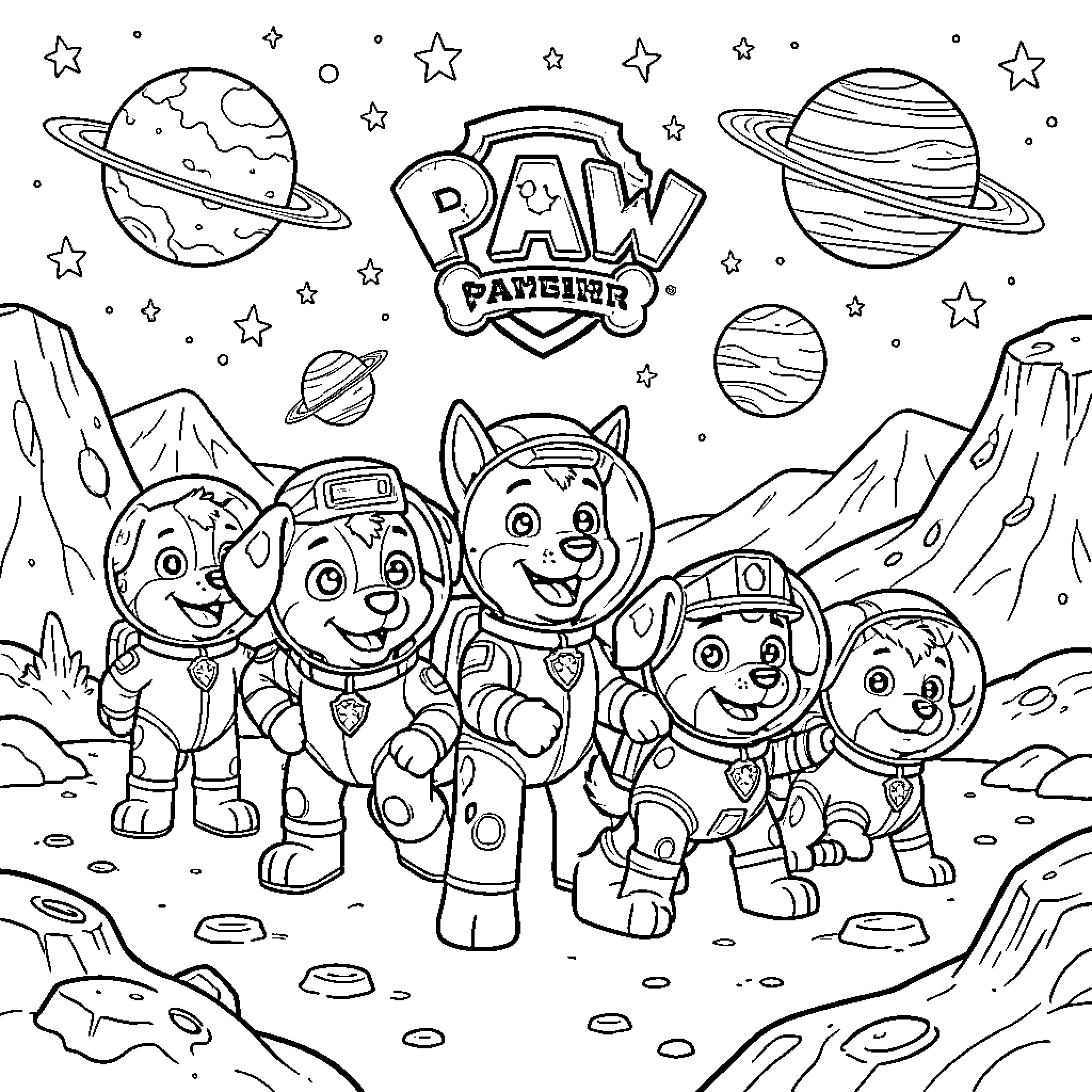 Paw Patrol pups exploring space in astronaut suits Coloring Page (free black-and-white line drawing printable PDF for all, from beginners to advanced learners, including children, teens, adults, and seniors)