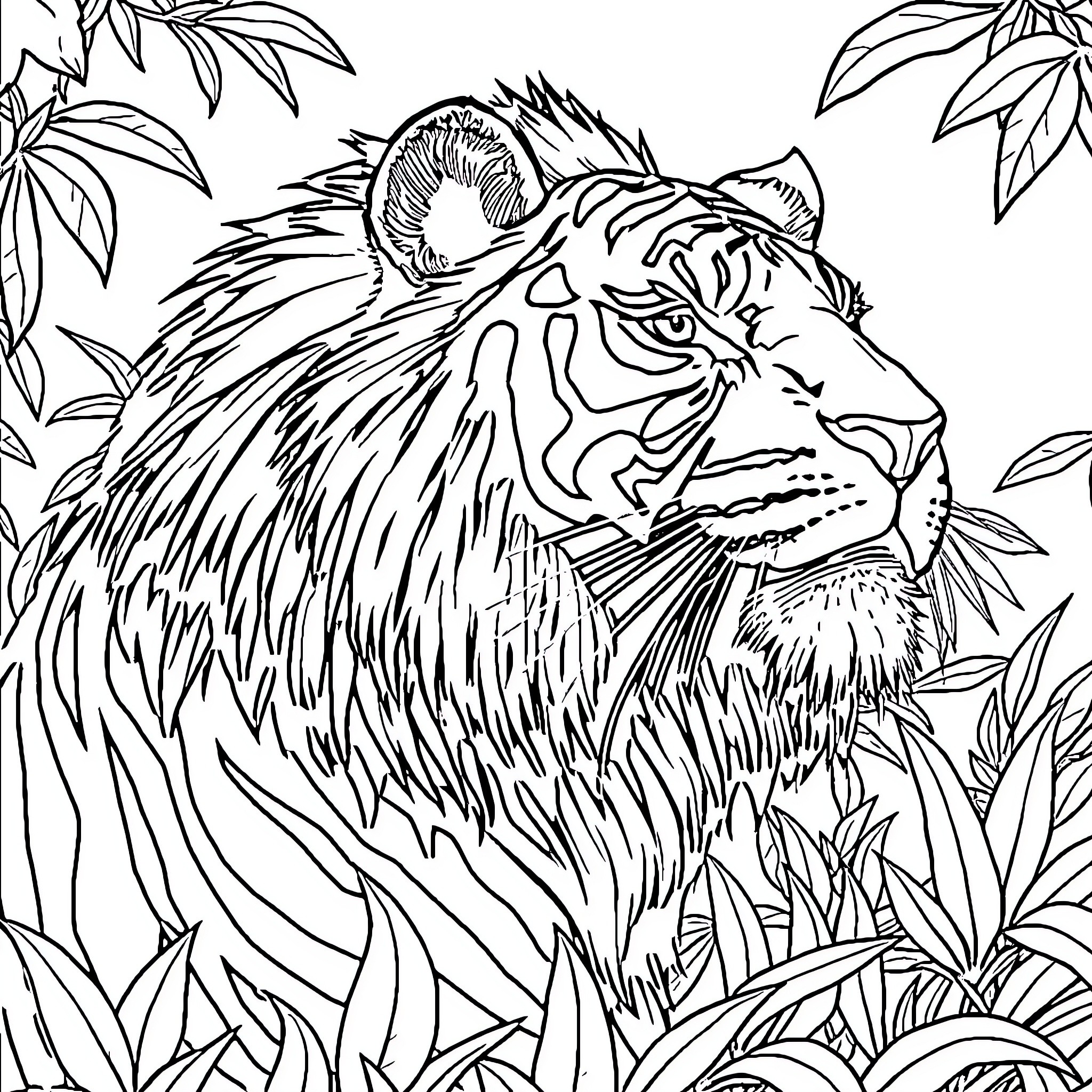 Tiger Resting in Lush Tropical Foliage Coloring Page (free black-and-white line drawing printable PDF for all, from beginners to advanced learners, including children, teens, adults, and seniors)