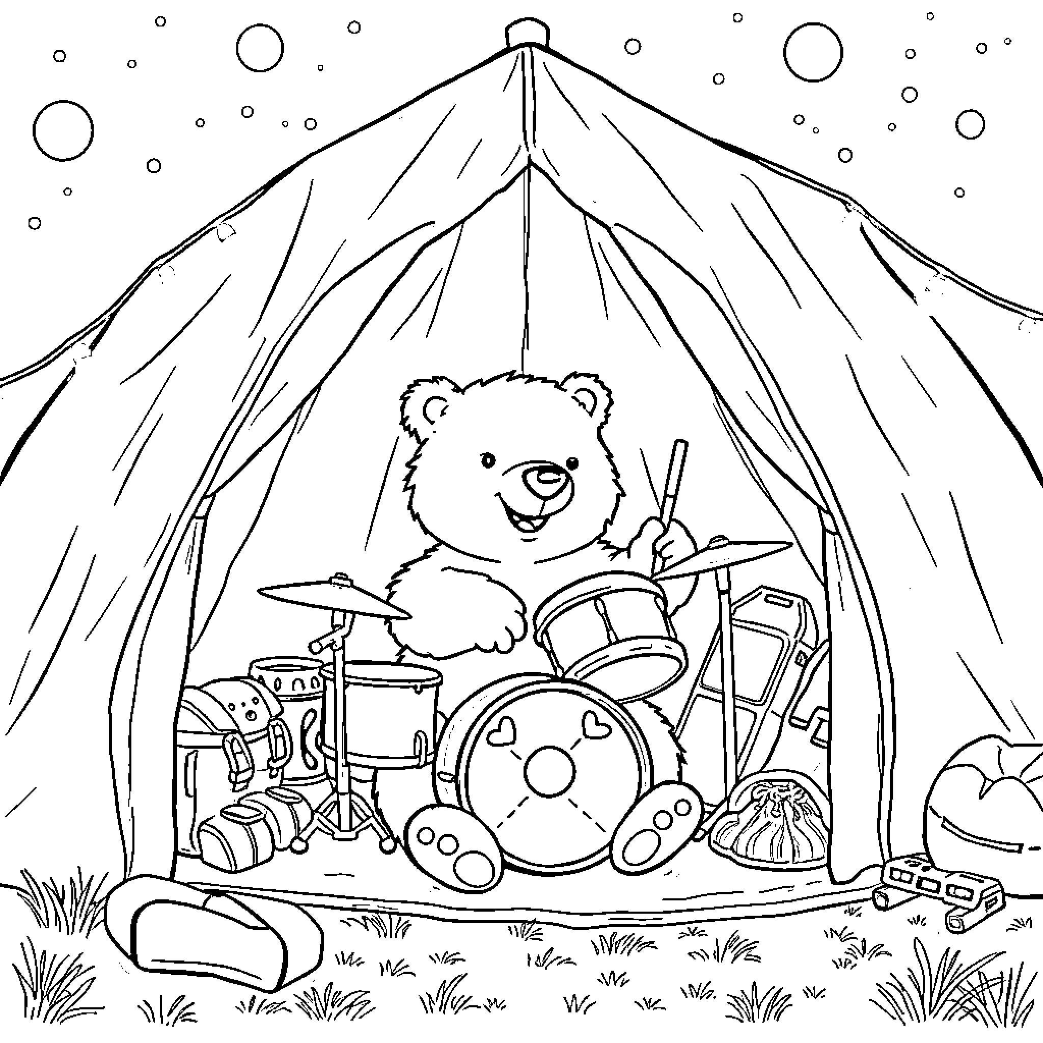 Polar Bear playing the drums in a cozy tent Coloring Page (free black-and-white line drawing printable PDF for all, from beginners to advanced learners, including children, teens, adults, and seniors)