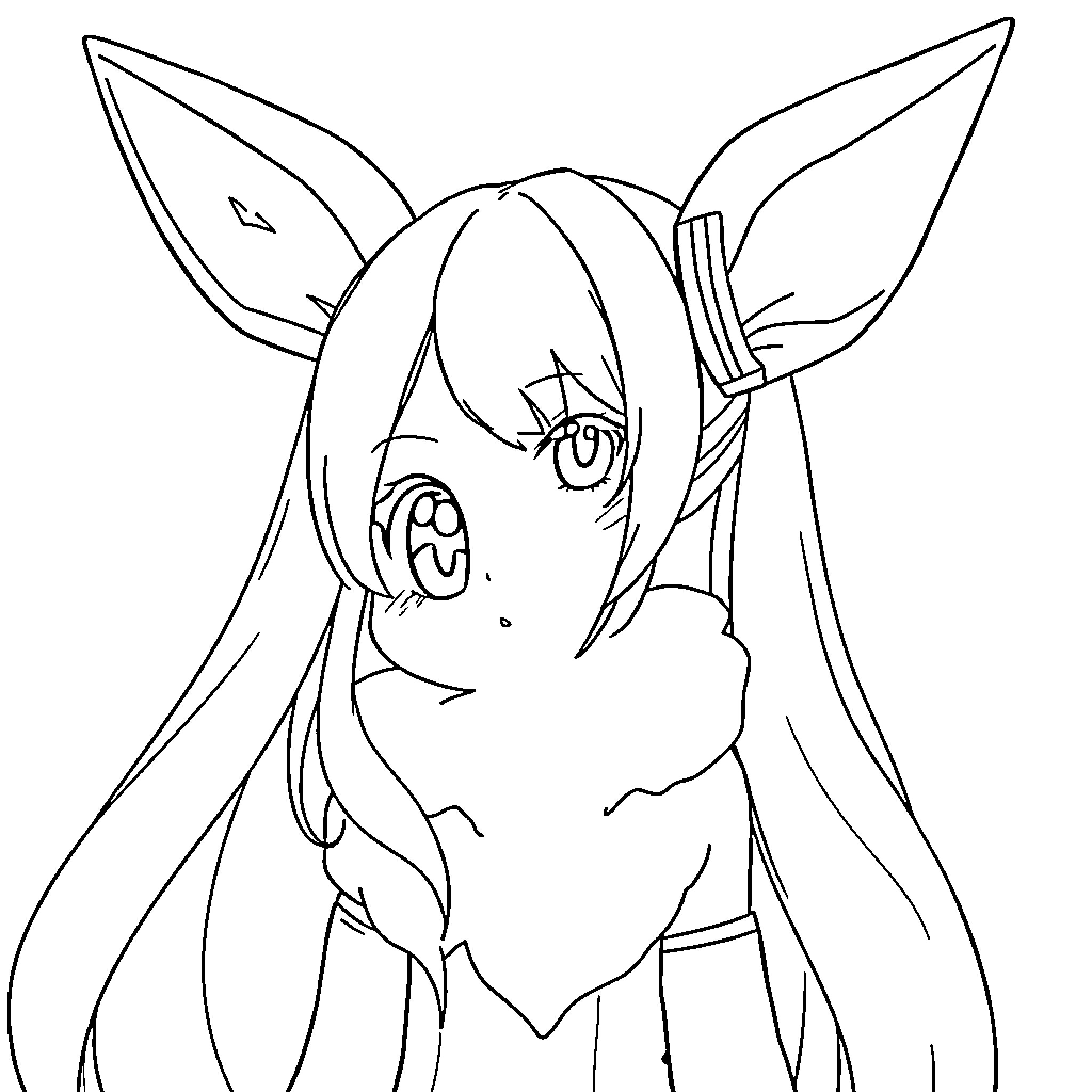 Hatsune Miku in a playful pose Coloring Page (free black-and-white line drawing printable PDF for all, from beginners to advanced learners, including children, teens, adults, and seniors)