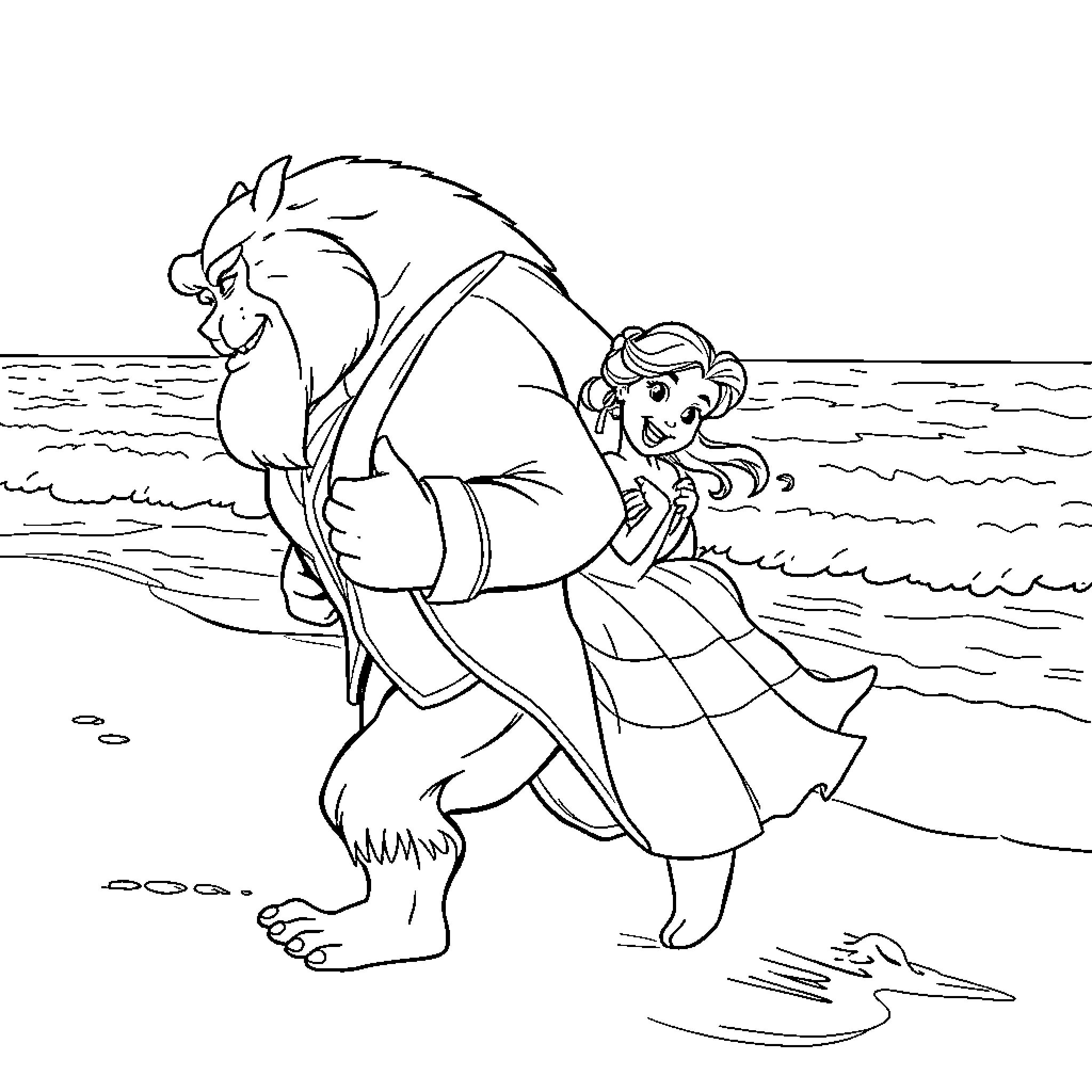 Beast carrying woman through the surf Coloring Page (free black-and-white line drawing printable PDF for all, from beginners to advanced learners, including children, teens, adults, and seniors)