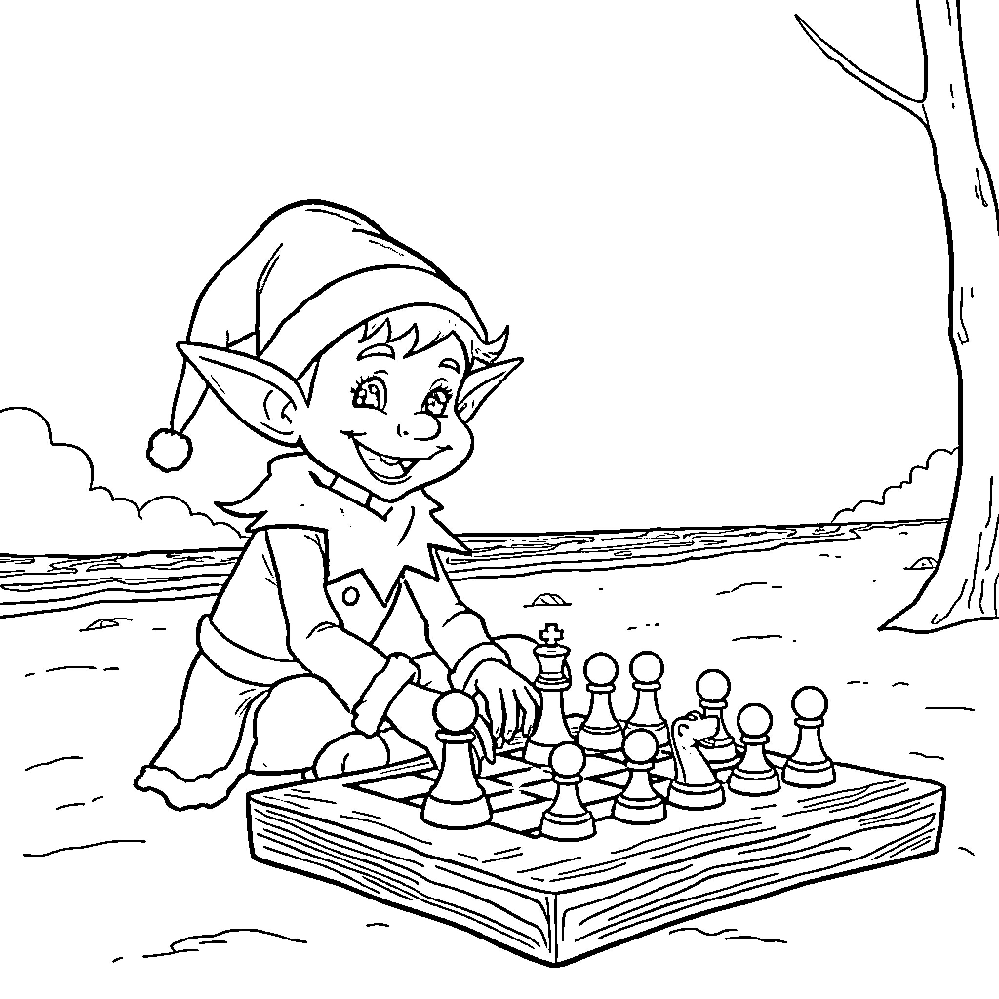 Elf playing a game of chess outdoors Coloring Page (free black-and-white line drawing printable PDF for all, from beginners to advanced learners, including children, teens, adults, and seniors)
