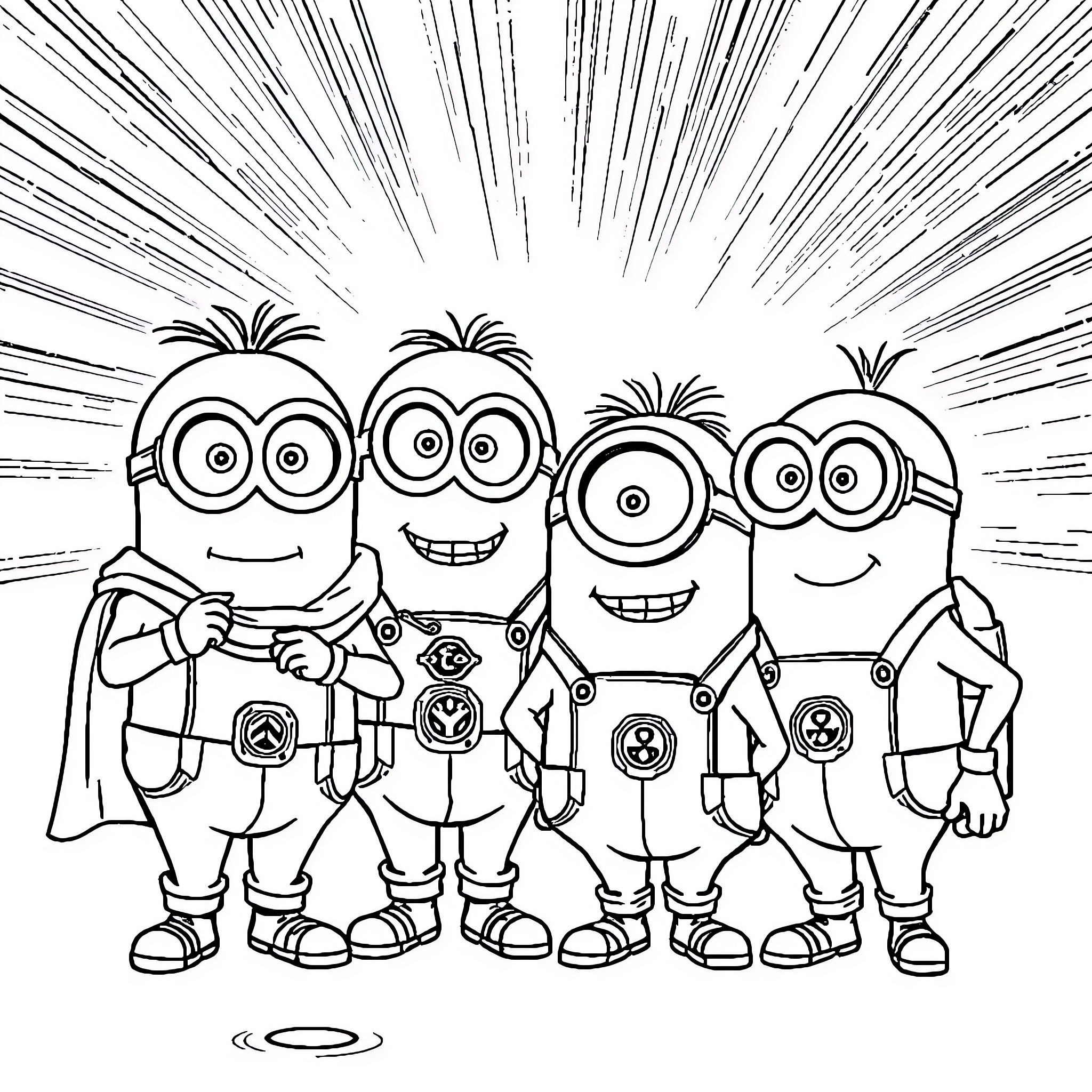 Minions posing and smiling together Coloring Page (free black-and-white line drawing printable PDF for all, from beginners to advanced learners, including children, teens, adults, and seniors)