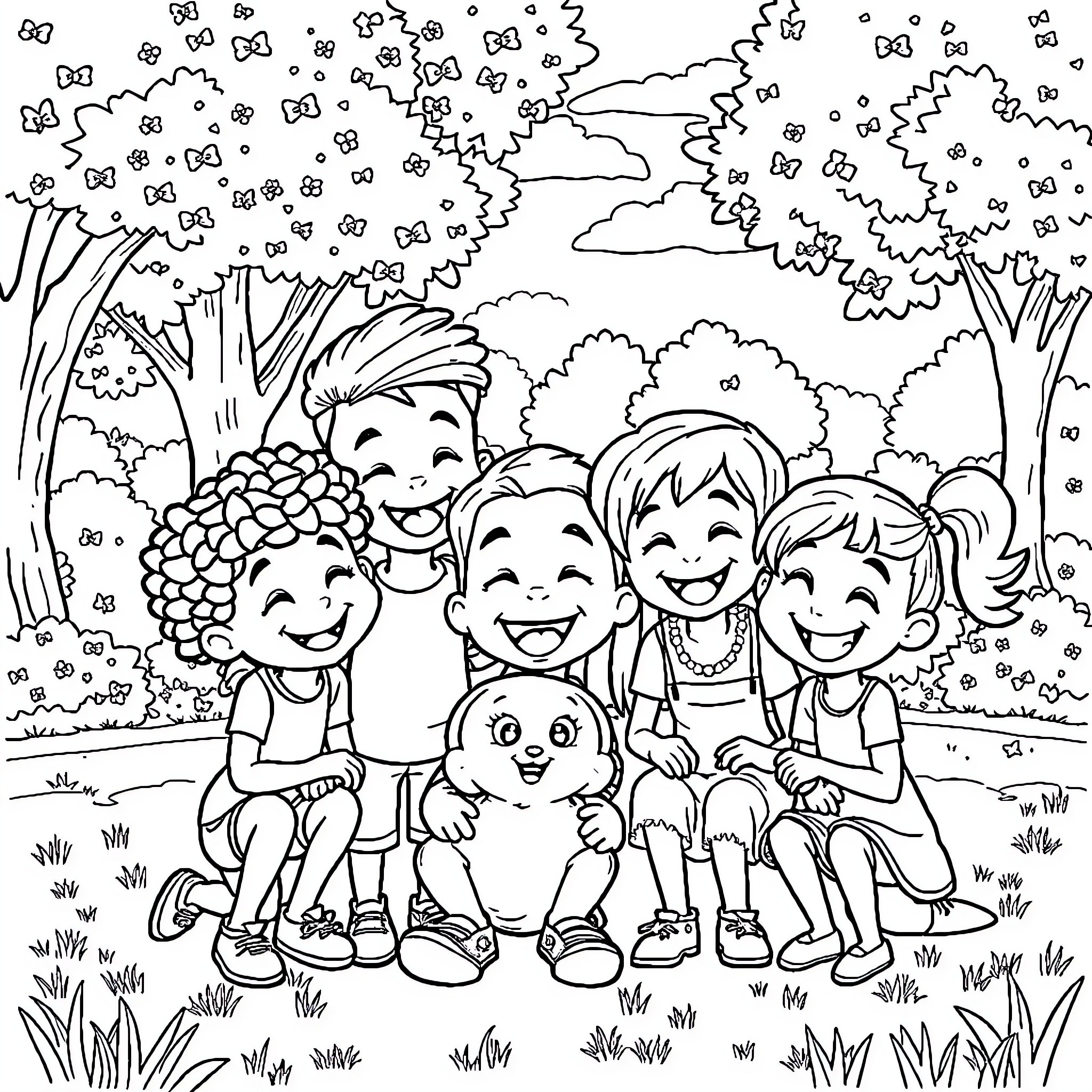 Topa's Happy Children Playing in the Park Coloring Page (free black-and-white line drawing printable PDF for all, from beginners to advanced learners, including children, teens, adults, and seniors)