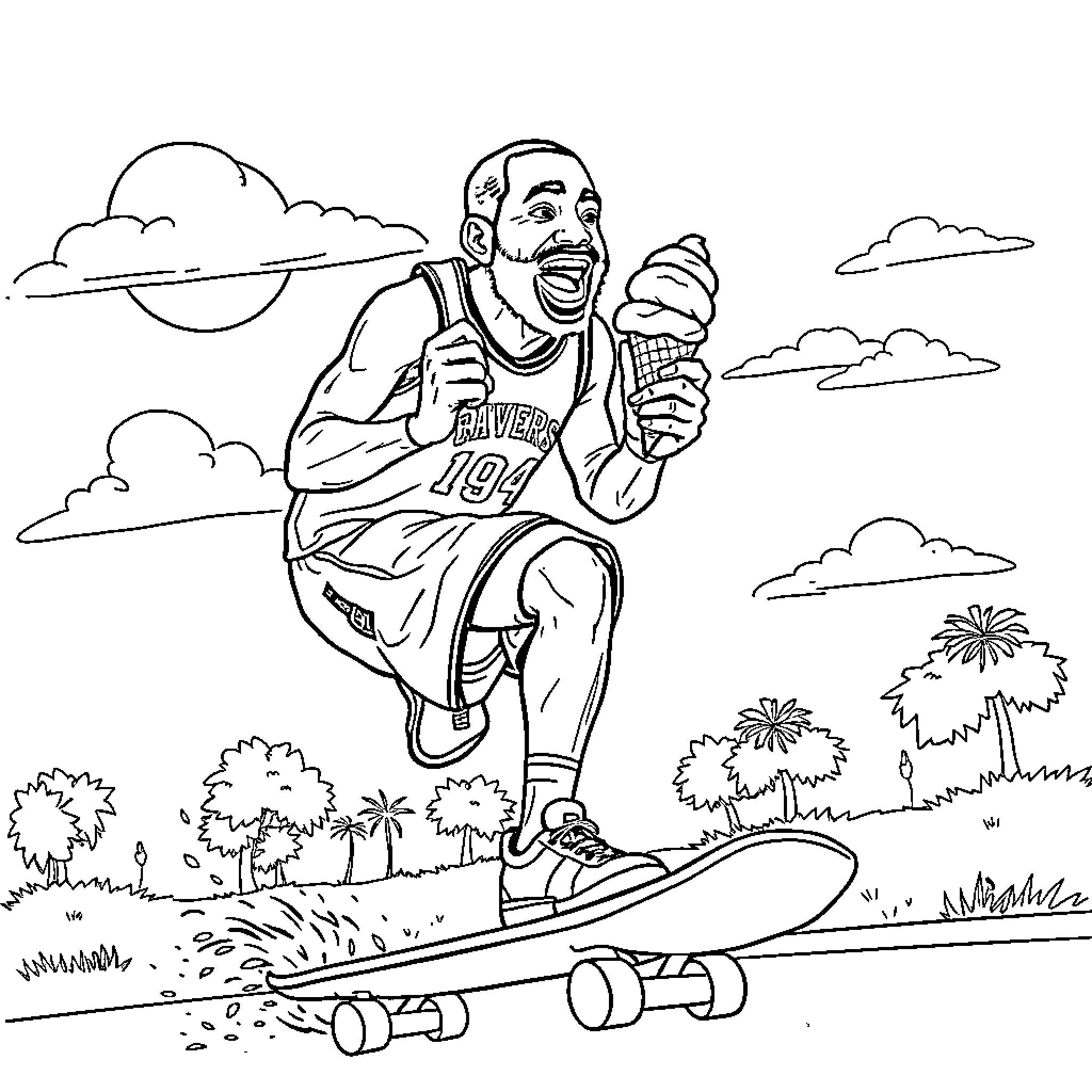 NBA Player Skateboarding and Enjoying an Ice Cream Coloring Page (free black-and-white line drawing printable PDF for all, from beginners to advanced learners, including children, teens, adults, and seniors)