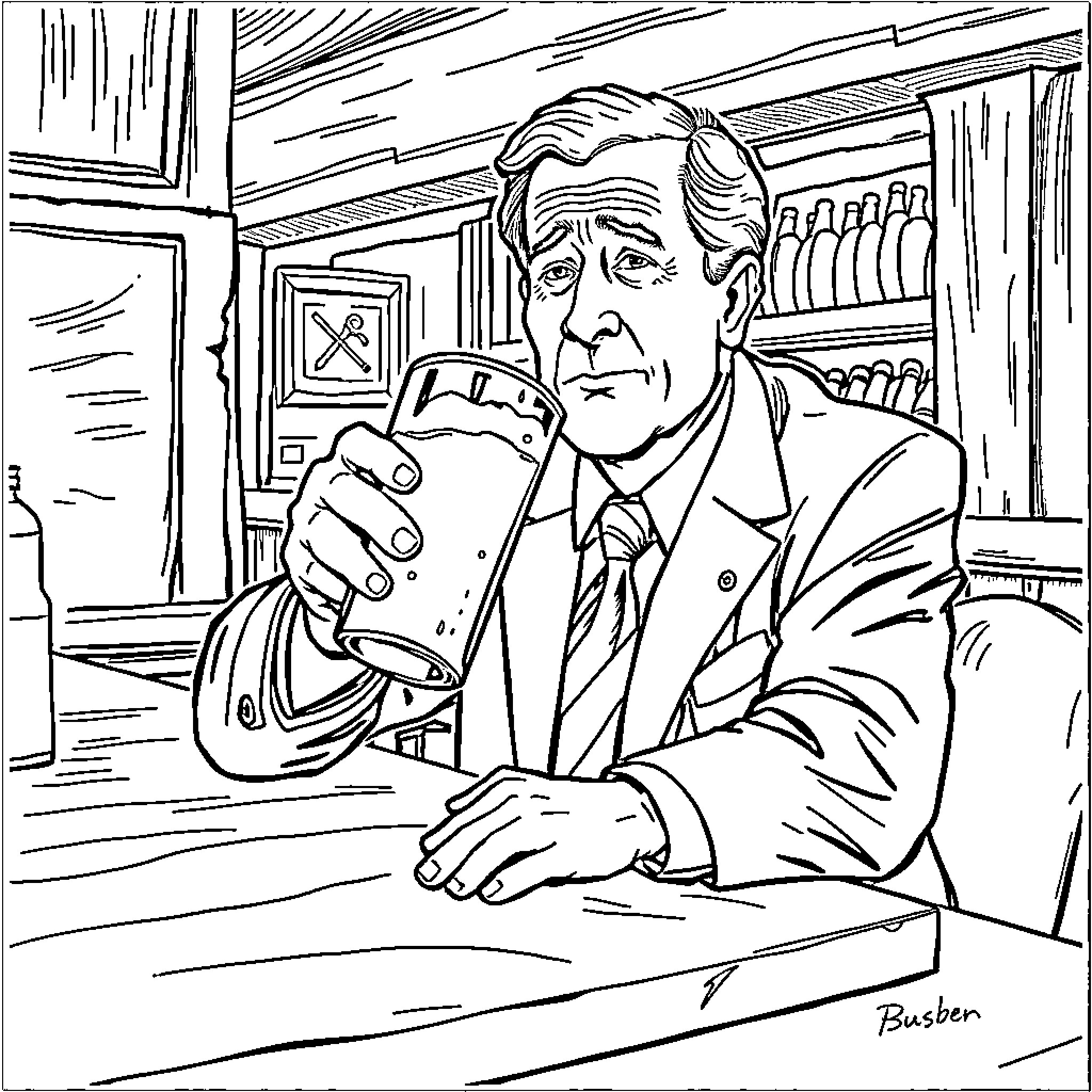 George Bush contemplating in his office Coloring Page (free black-and-white line drawing printable PDF for all, from beginners to advanced learners, including children, teens, adults, and seniors)