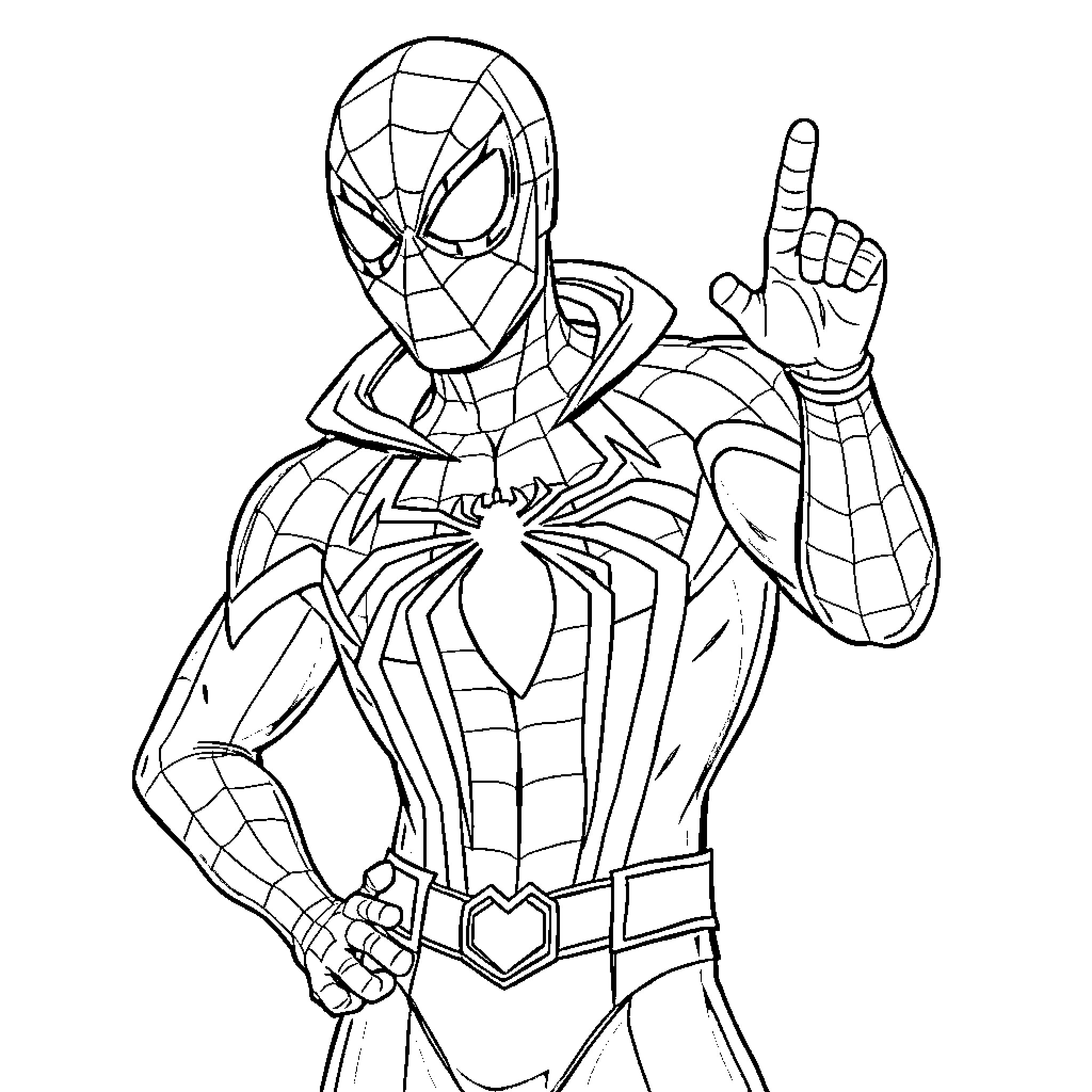 Spiderman Heroic Pose and Gesture Coloring Page (free black-and-white line drawing printable PDF for all, from beginners to advanced learners, including children, teens, adults, and seniors)