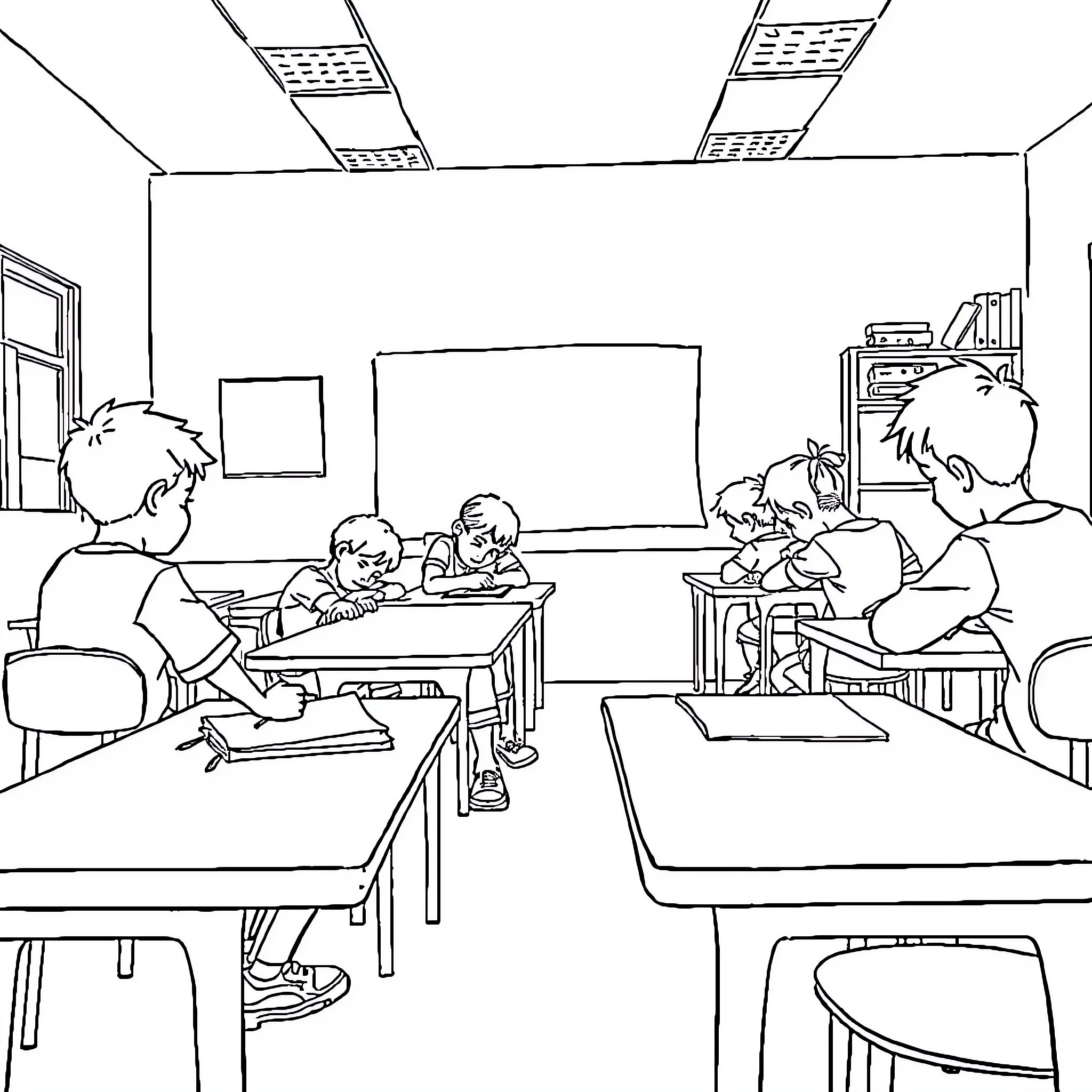 Élève learning diligently in a classroom Coloring Page (free black-and-white line drawing printable PDF for all, from beginners to advanced learners, including children, teens, adults, and seniors)