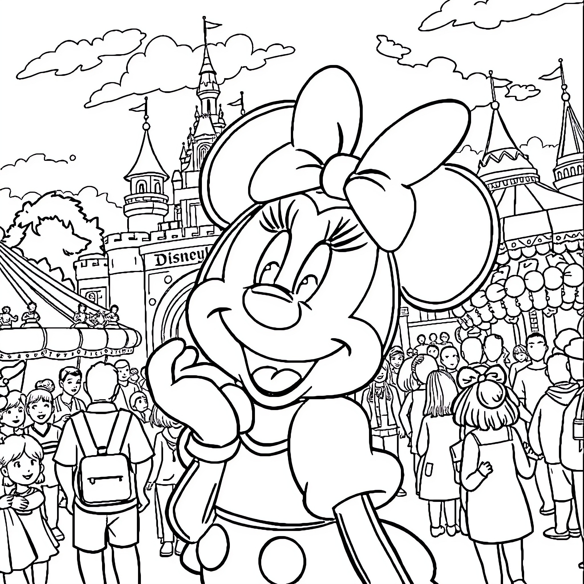 Minnie Mouse enjoying the Disney theme park adventure Coloring Page (free black-and-white line drawing printable PDF for all, from beginners to advanced learners, including children, teens, adults, and seniors)