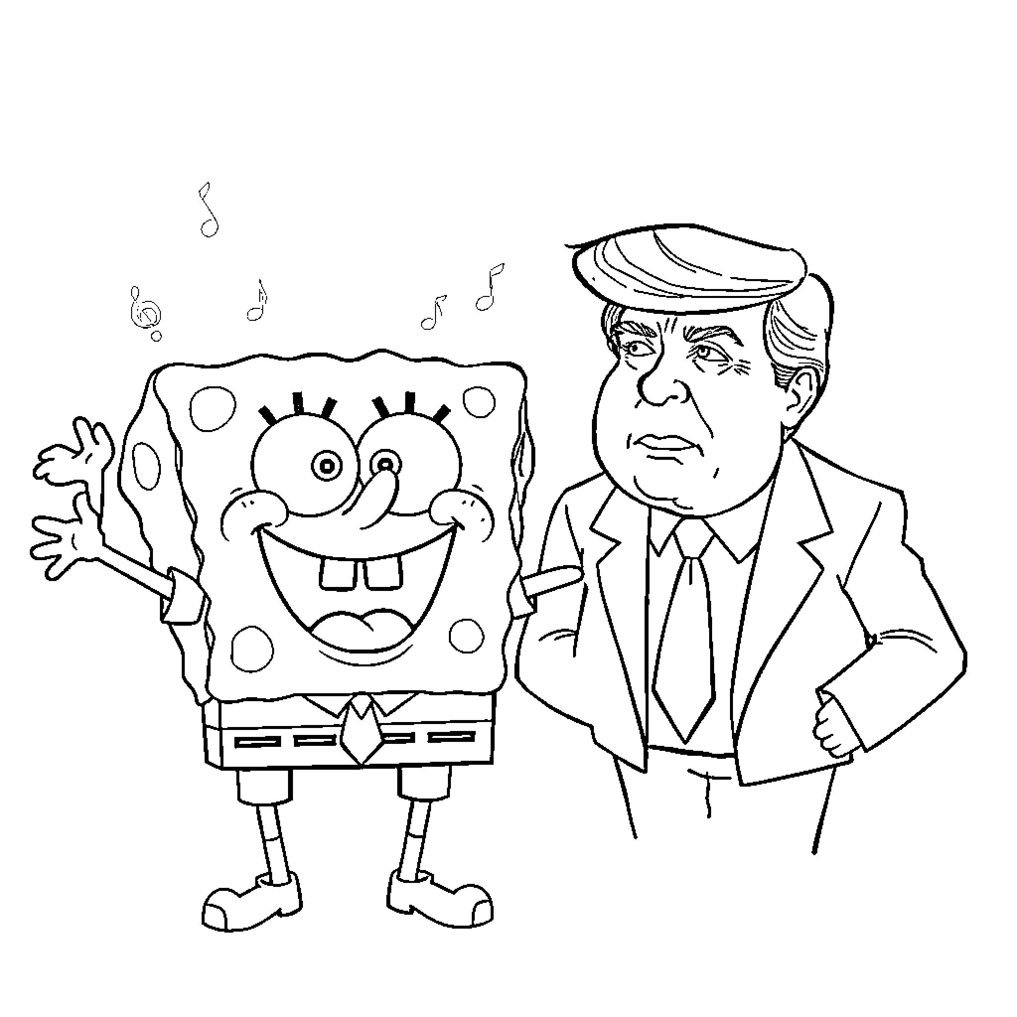 Spongebob and businessman in formal attire Coloring Page (free black-and-white line drawing printable PDF for all, from beginners to advanced learners, including children, teens, adults, and seniors)