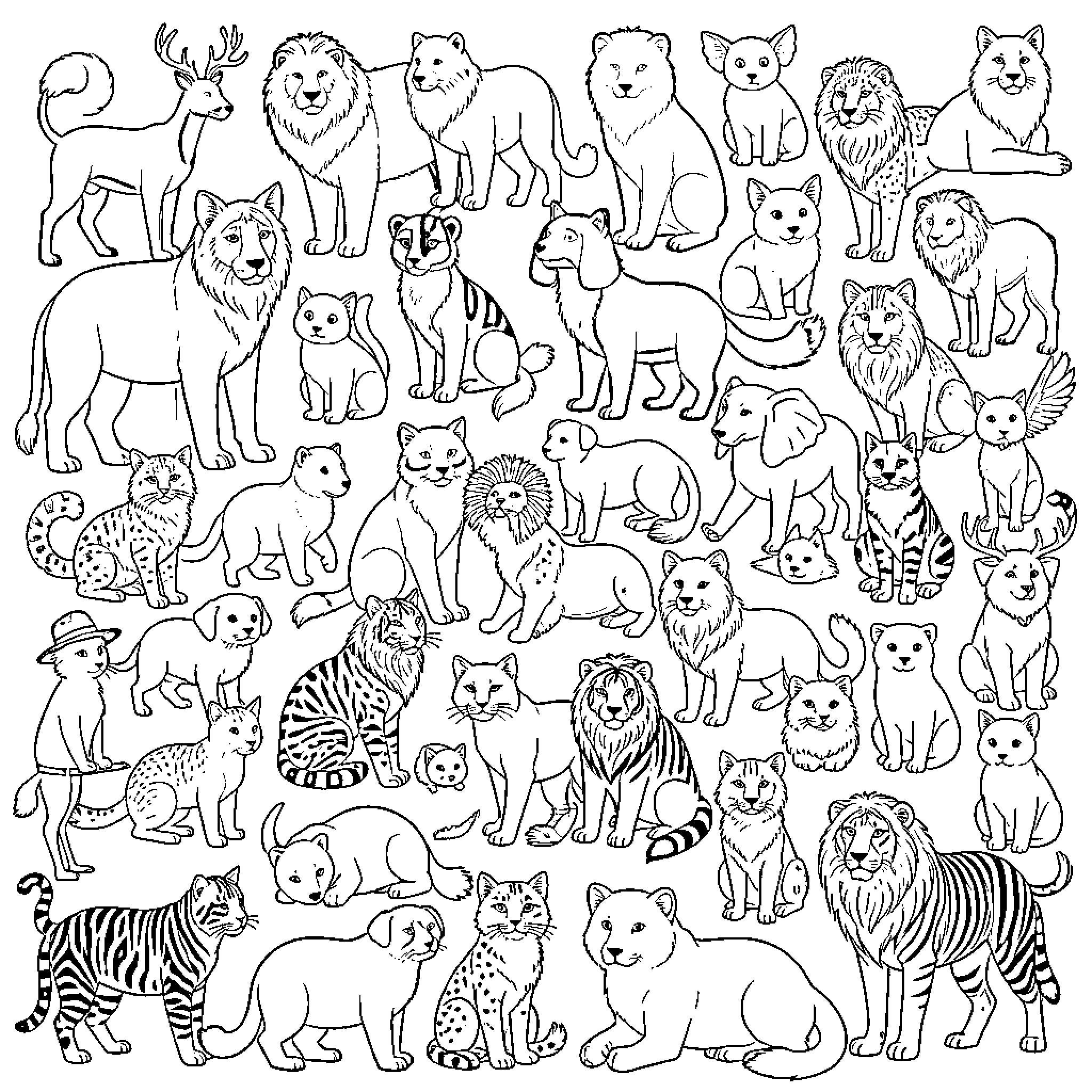 Animal Collage of Various Cats, Dogs, and Wildlife Coloring Page (free black-and-white line drawing printable PDF for all, from beginners to advanced learners, including children, teens, adults, and seniors)