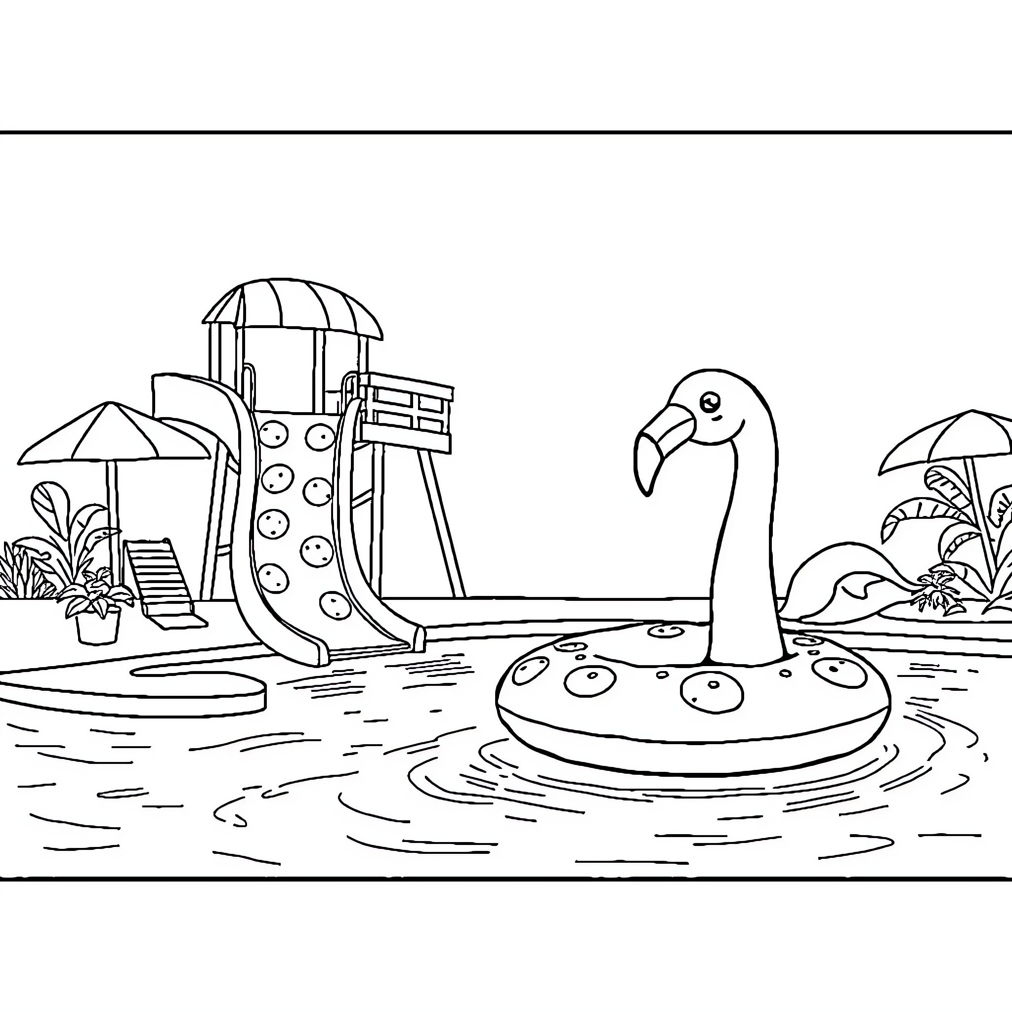 Pizza Pool Party with Playful Flamingo Coloring Page (free black-and-white line drawing printable PDF for all, from beginners to advanced learners, including children, teens, adults, and seniors)