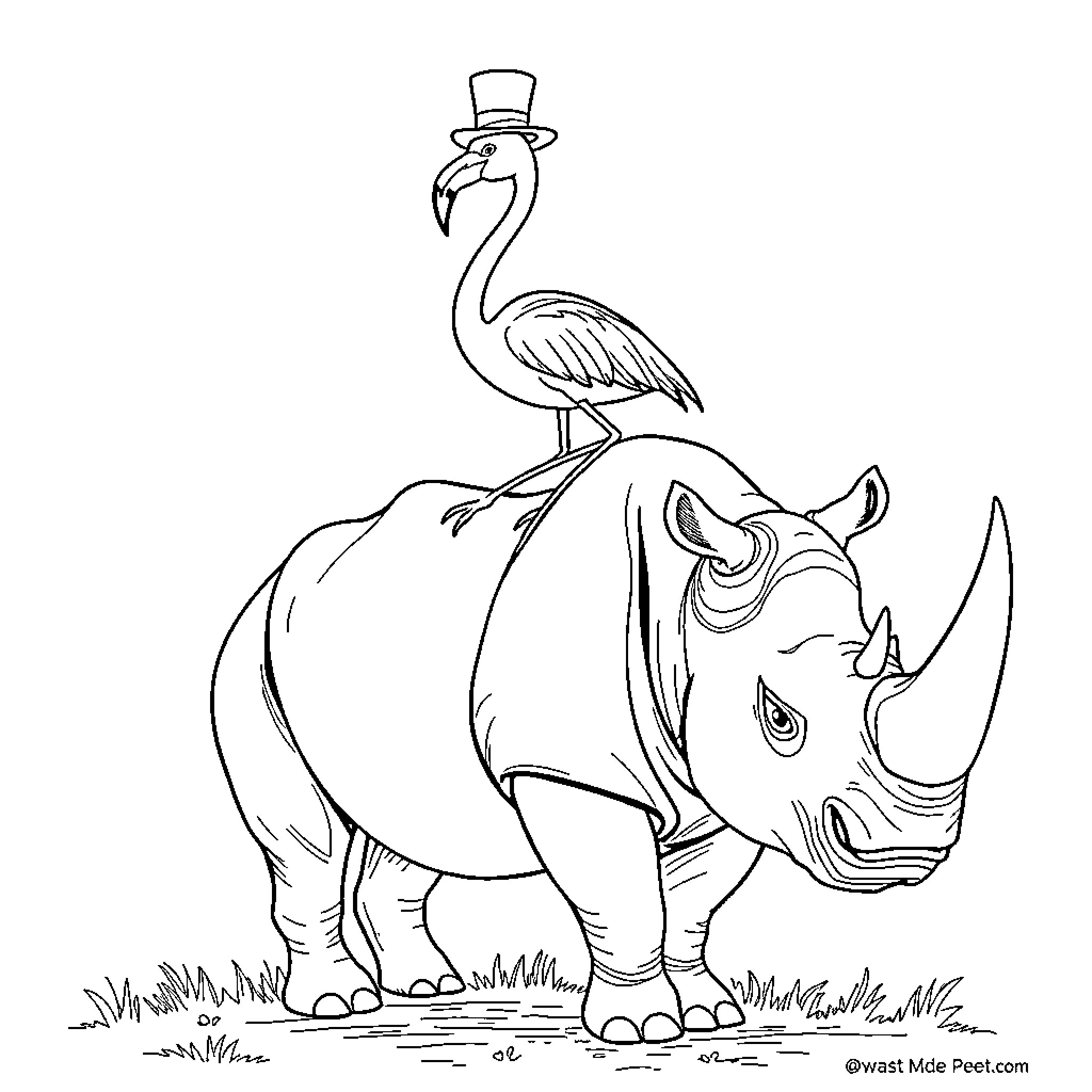 Flamingo atop a formal-attired rhinoceros Coloring Page (free black-and-white line drawing printable PDF for all, from beginners to advanced learners, including children, teens, adults, and seniors)