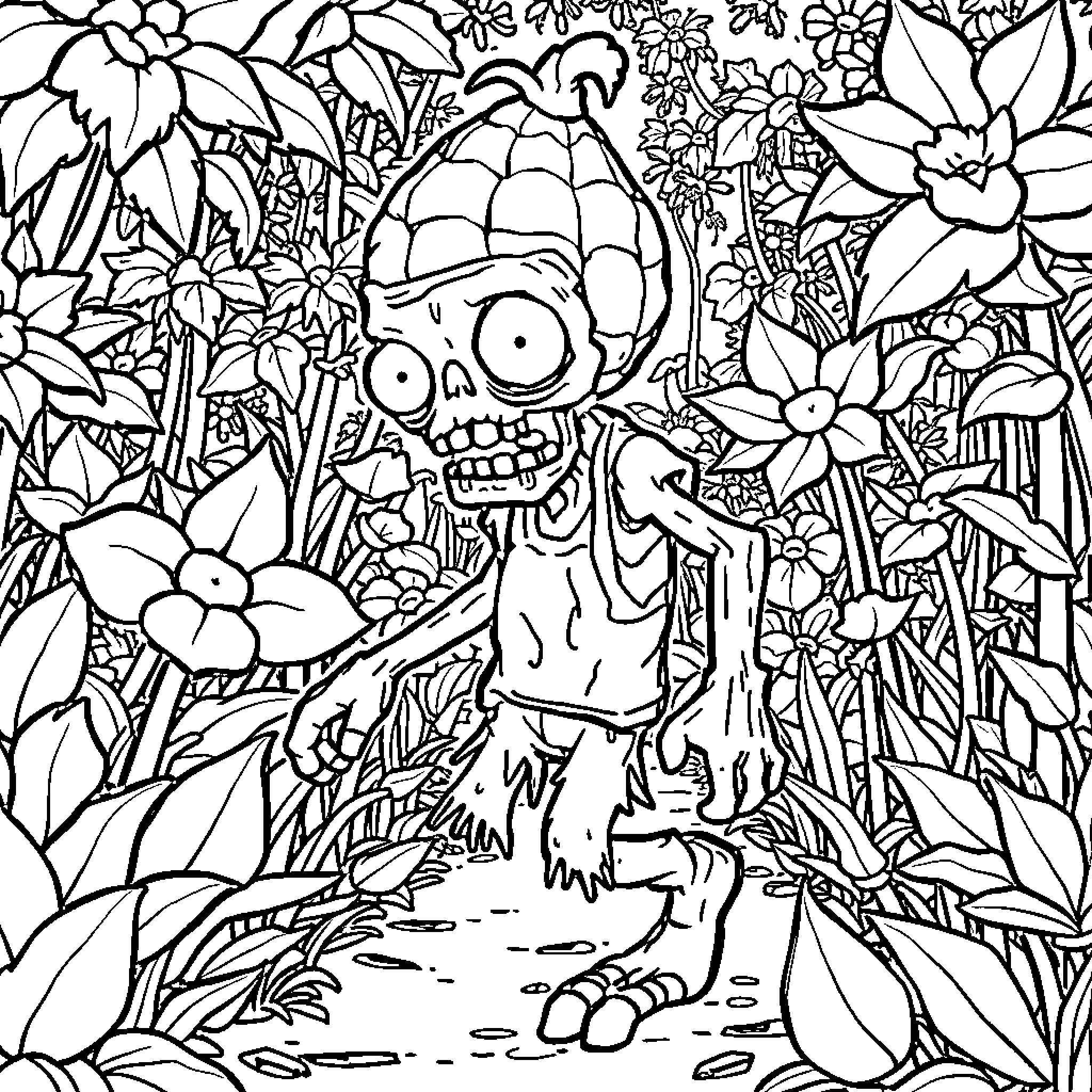 Zombie Creature Wandering in Whimsical Floral Garden Coloring Page (free black-and-white line drawing printable PDF for all, from beginners to advanced learners, including children, teens, adults, and seniors)