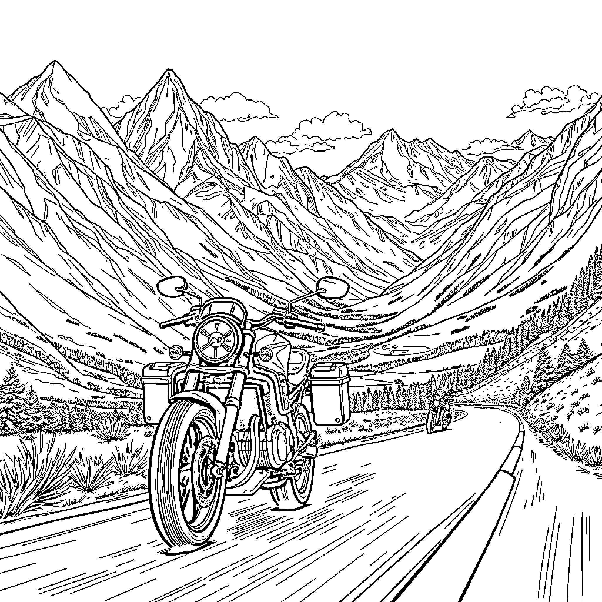 Motorbike riding through the majestic mountain landscape Coloring Page (free black-and-white line drawing printable PDF for all, from beginners to advanced learners, including children, teens, adults, and seniors)