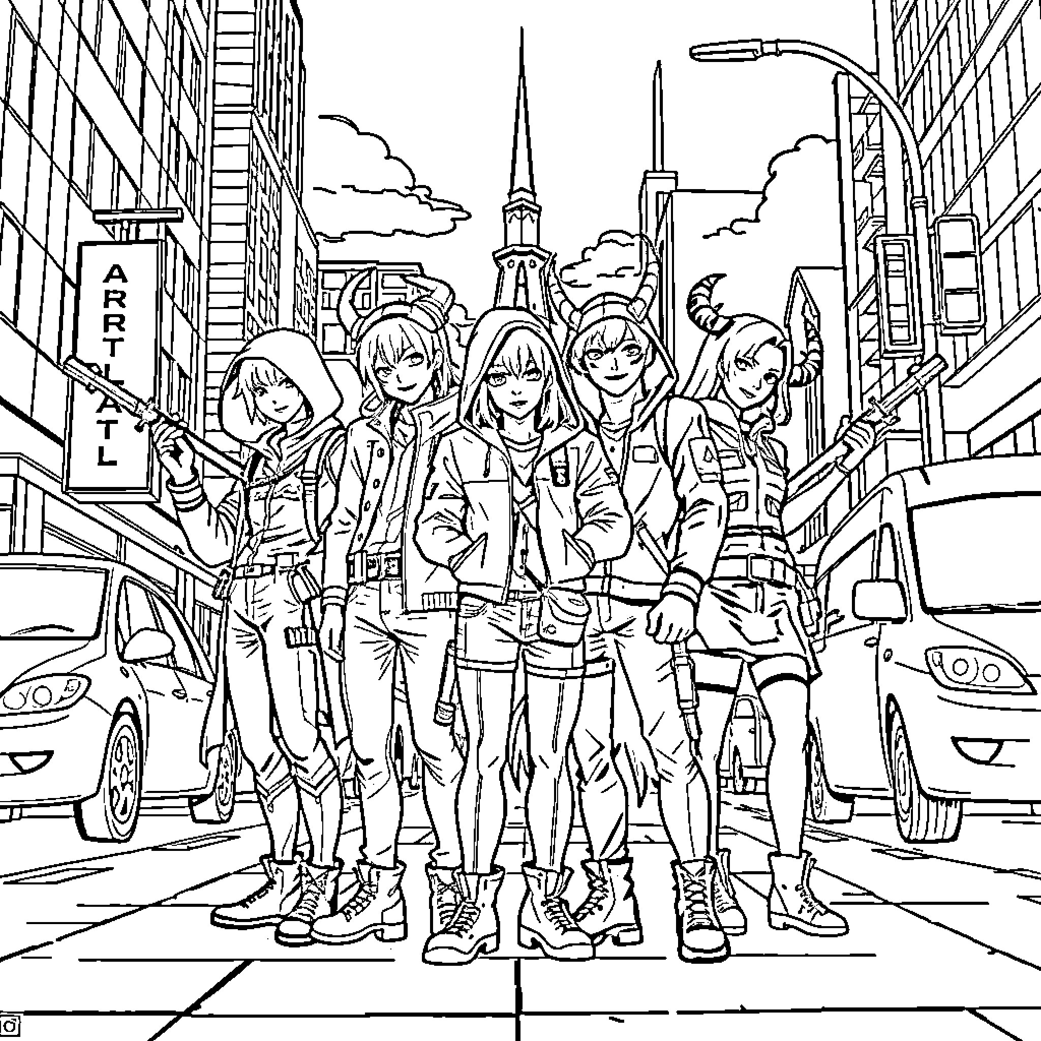 Demon Hunter Squad Battles Supernatural Threats in the City Coloring Page (free black-and-white line drawing printable PDF for all, from beginners to advanced learners, including children, teens, adults, and seniors)