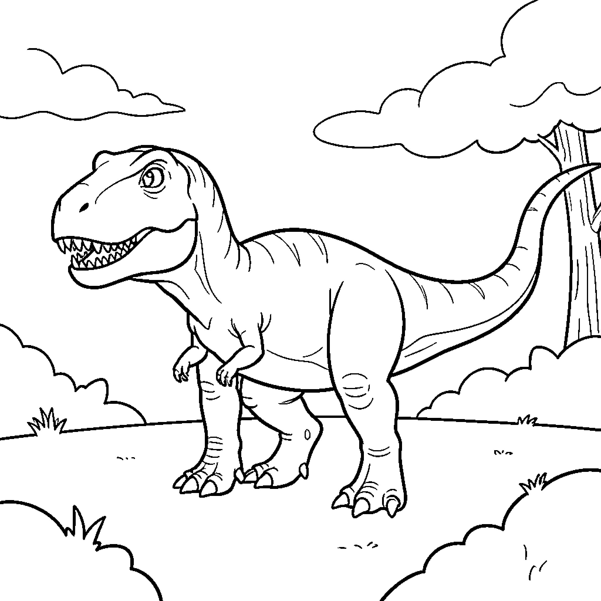 Dinosaur walking through a prehistoric landscape Coloring Page (free black-and-white line drawing printable PDF for all, from beginners to advanced learners, including children, teens, adults, and seniors)
