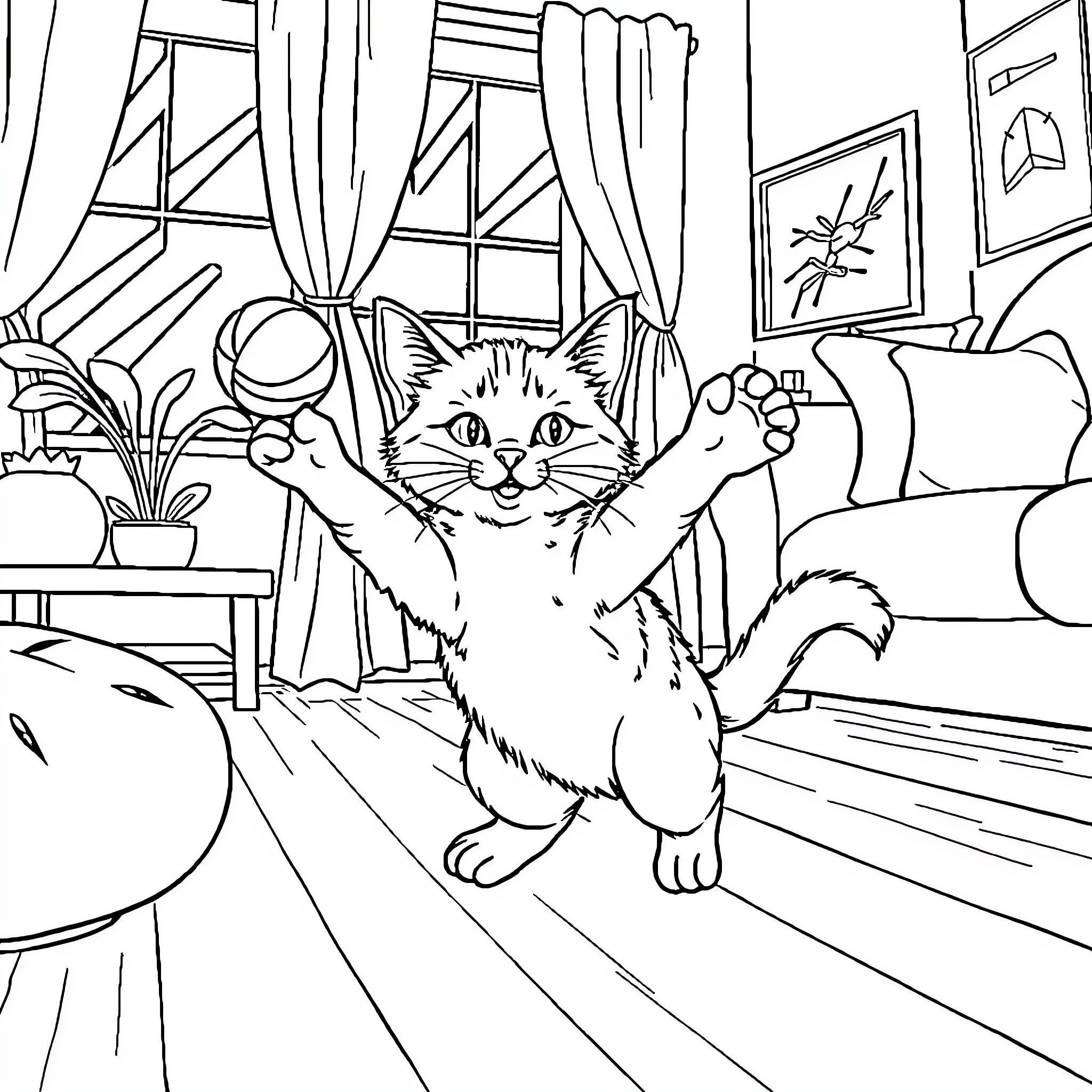 Cat playing in a cozy indoor setting Coloring Page (free black-and-white line drawing printable PDF for all, from beginners to advanced learners, including children, teens, adults, and seniors)