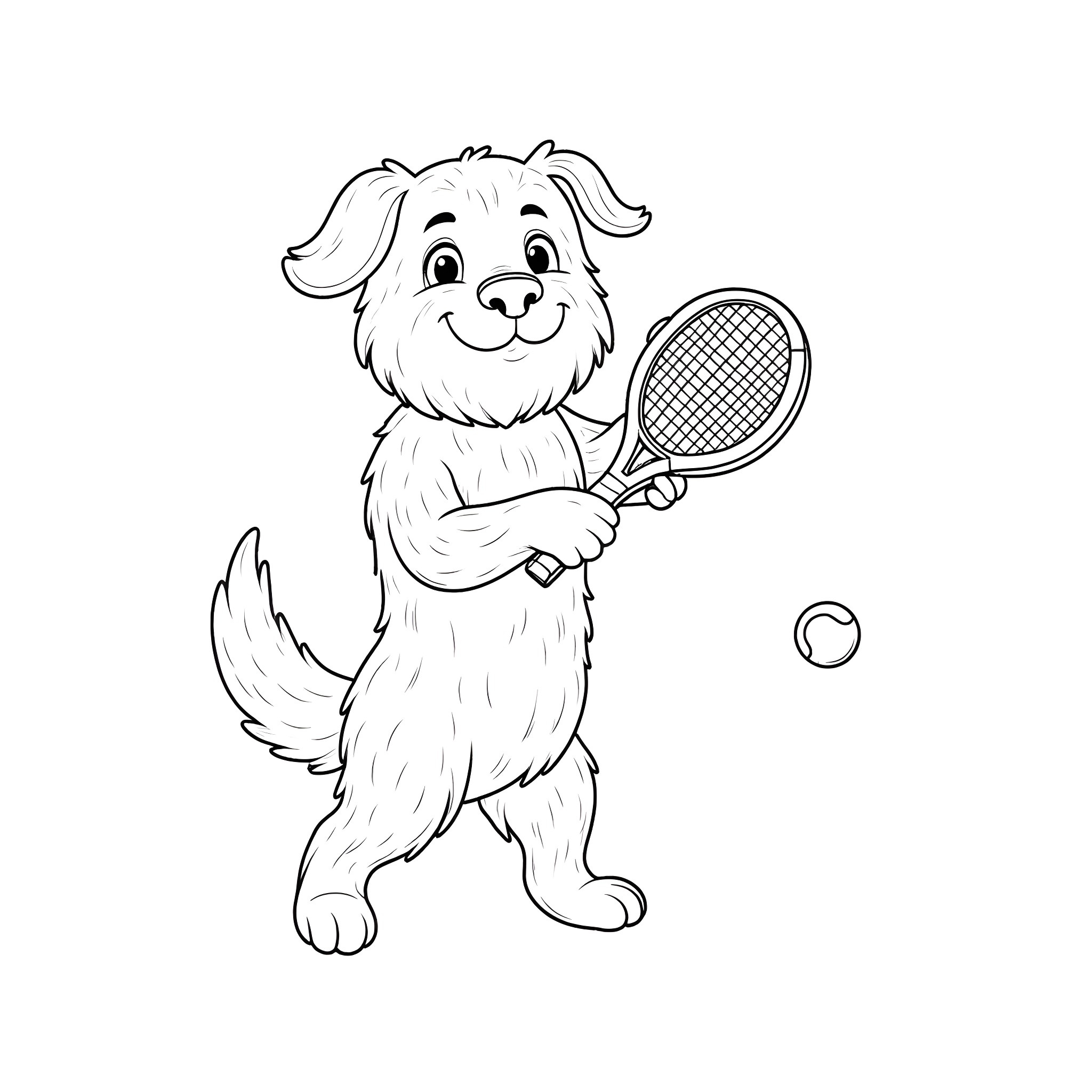 Dog playing with tennis ball and racket Coloring Page (free black-and-white line drawing printable PDF for all, from beginners to advanced learners, including children, teens, adults, and seniors)