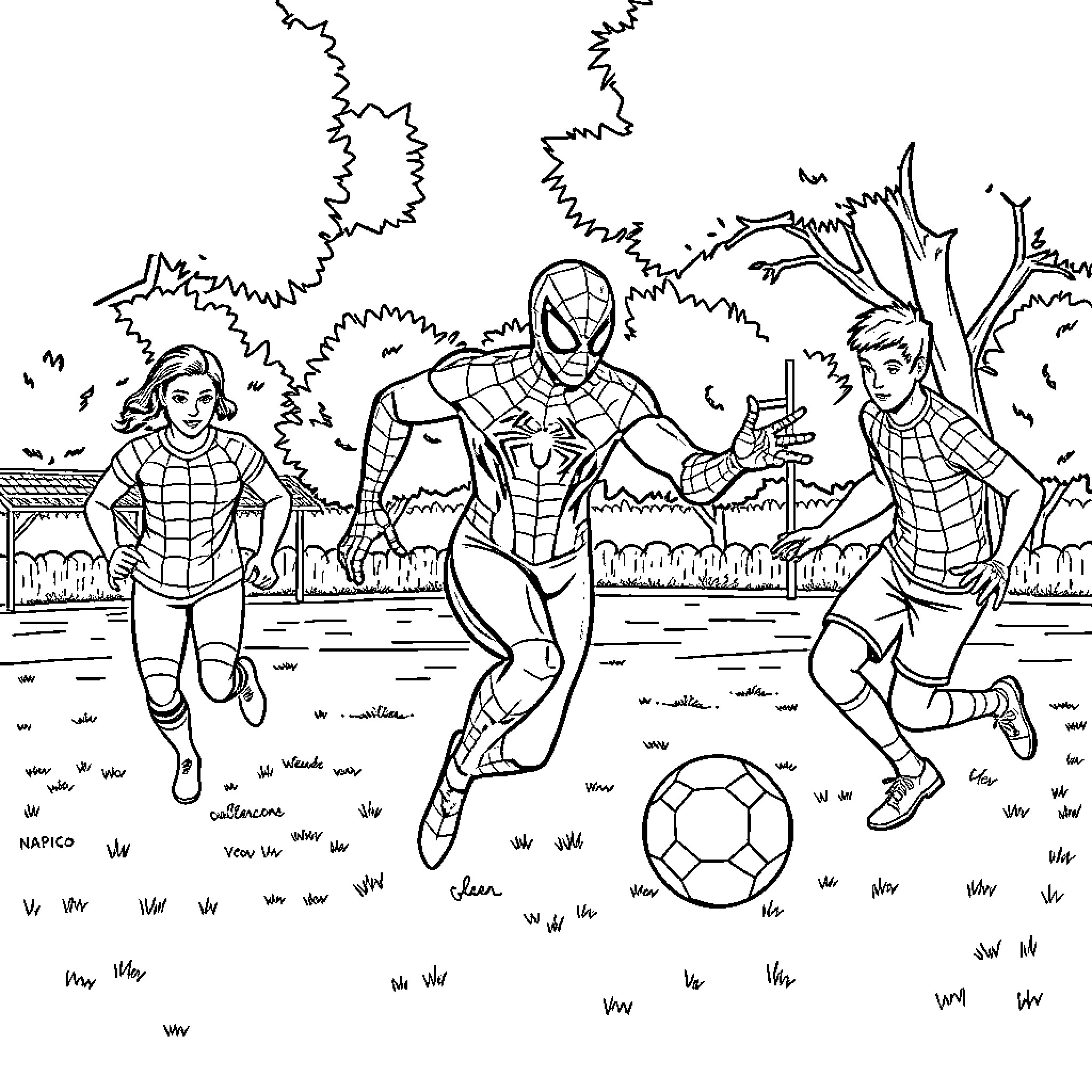 Spiderman and friends playing soccer in the park Coloring Page (free black-and-white line drawing printable PDF for all, from beginners to advanced learners, including children, teens, adults, and seniors)