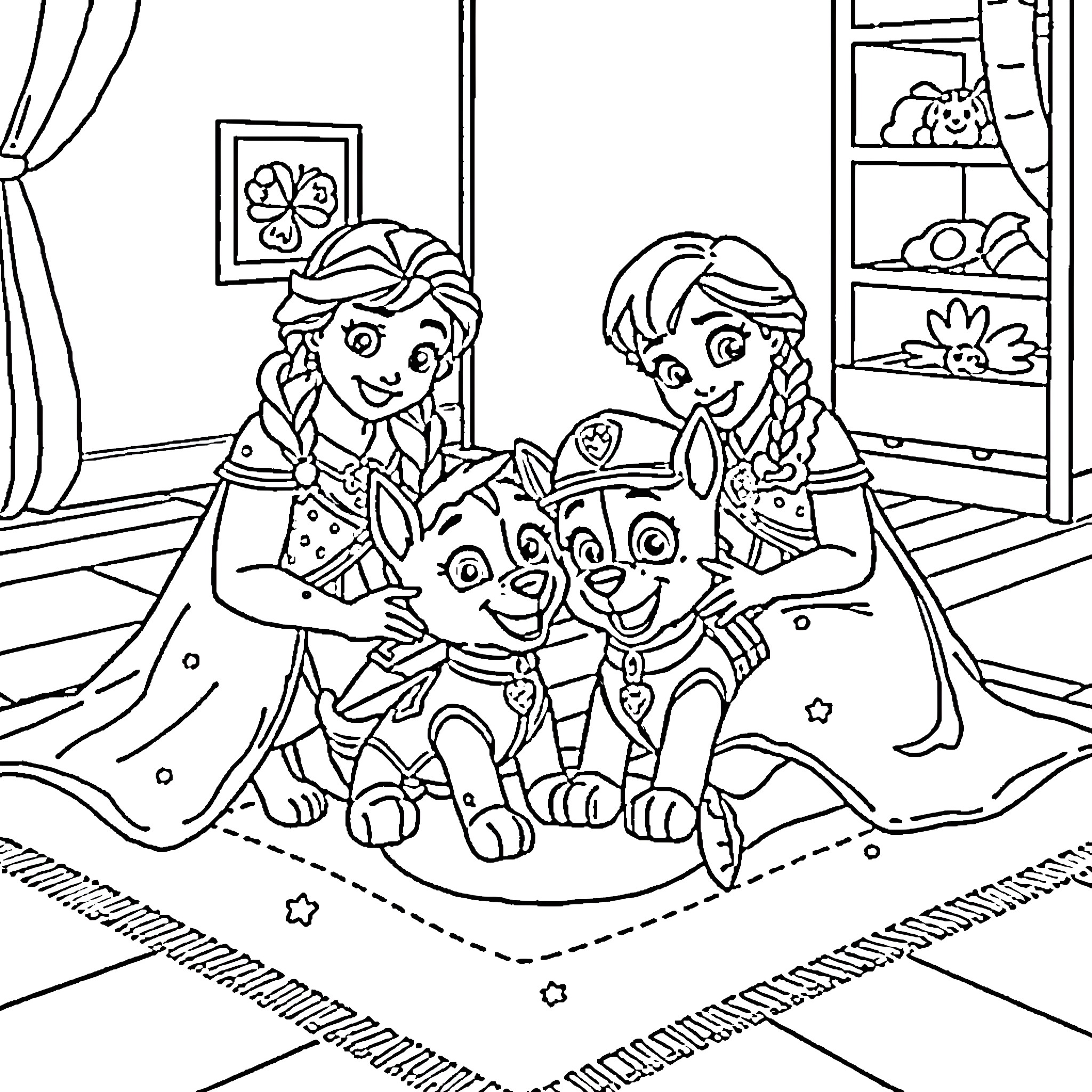 Anna and Elsa enjoying a cozy moment with their friends Coloring Page (free black-and-white line drawing printable PDF for all, from beginners to advanced learners, including children, teens, adults, and seniors)