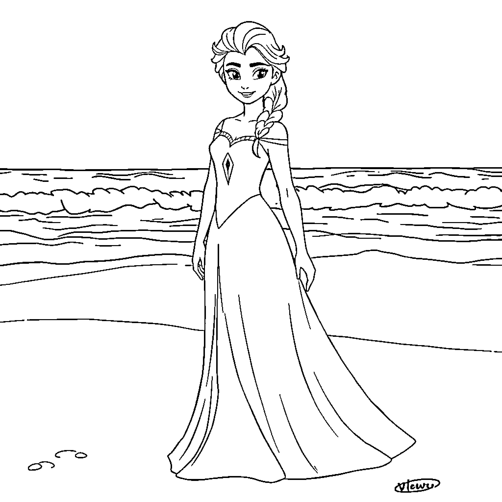 Elsa standing gracefully on the beach Coloring Page (free black-and-white line drawing printable PDF for all, from beginners to advanced learners, including children, teens, adults, and seniors)