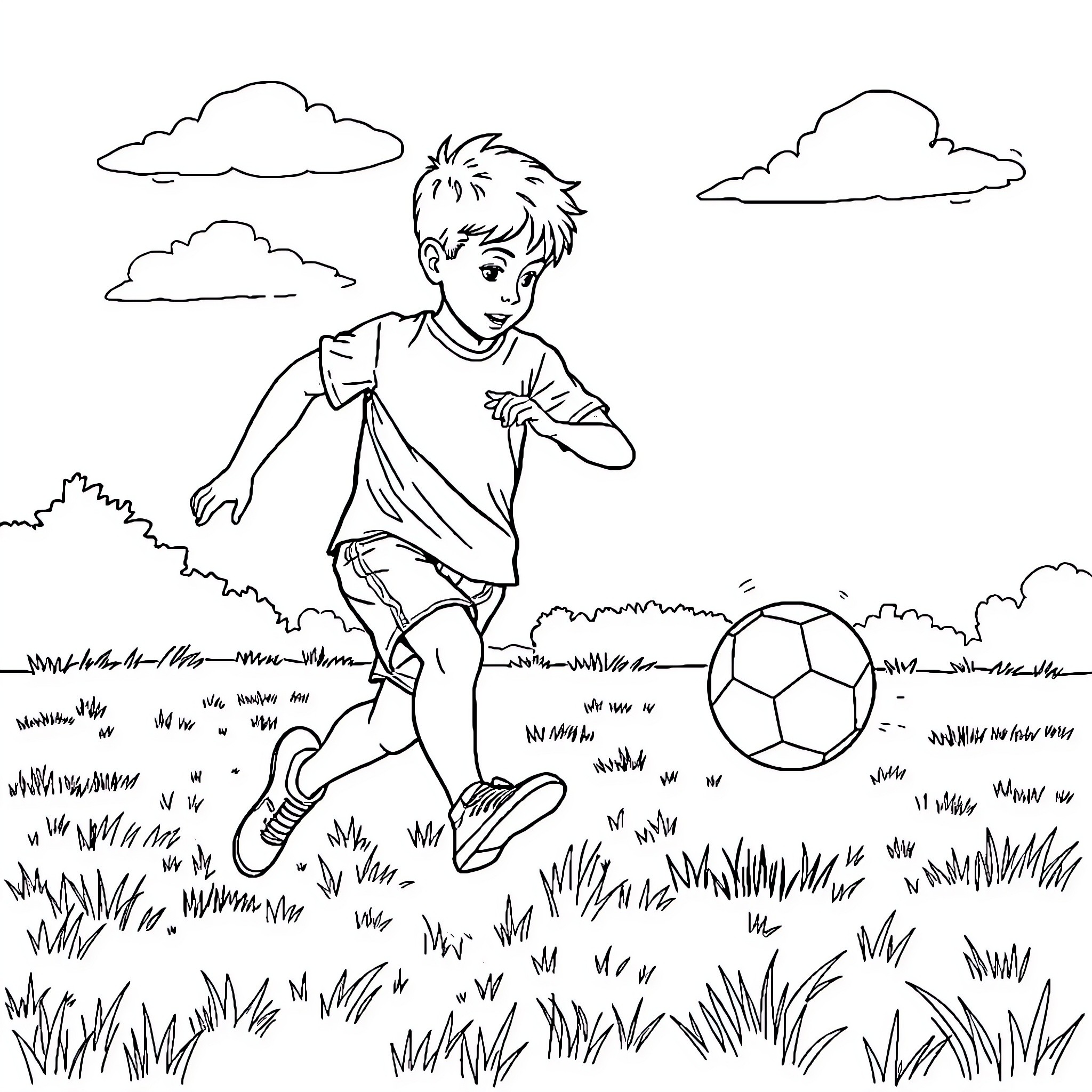 Boy playing joyfully with soccer ball in field Coloring Page (free black-and-white line drawing printable PDF for all, from beginners to advanced learners, including children, teens, adults, and seniors)