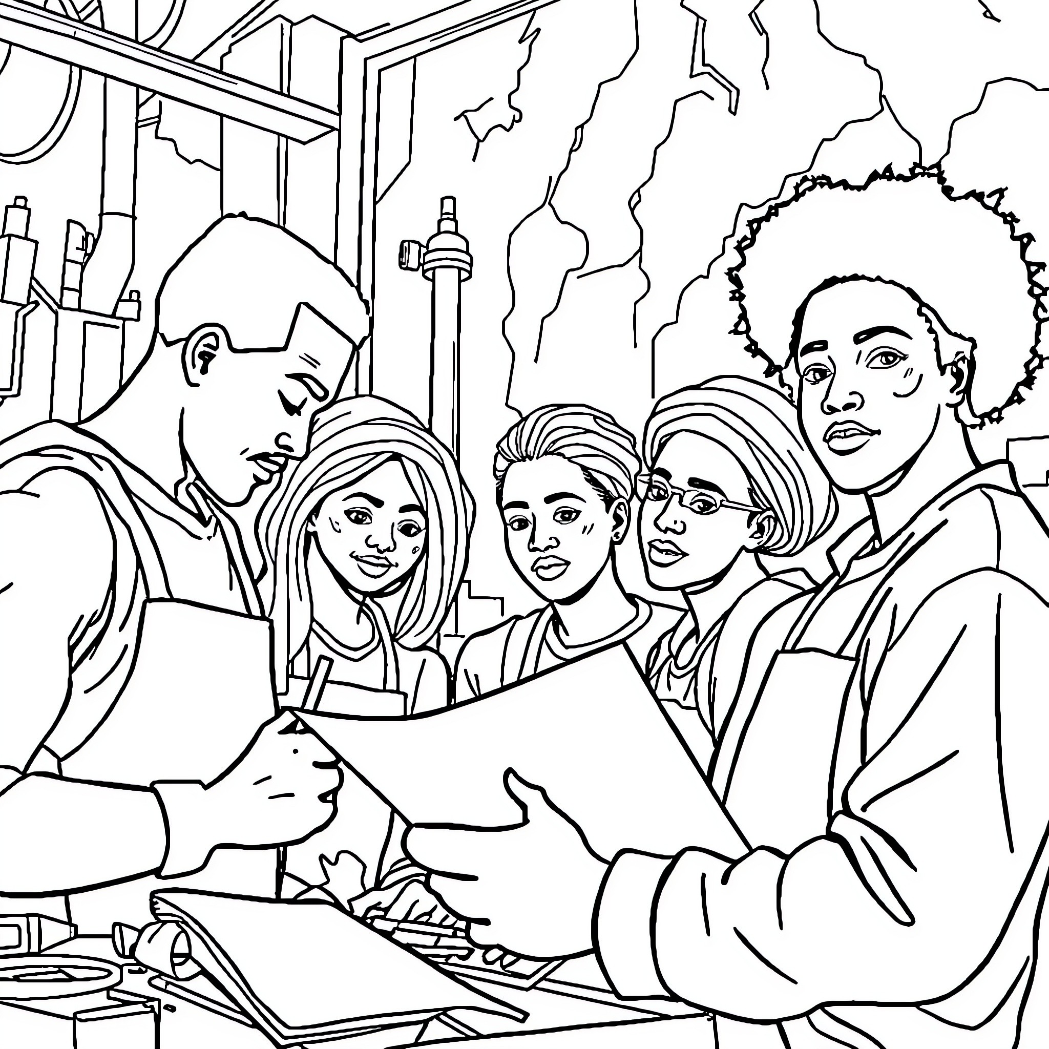 Youth Movement: Students Gathered for Study Session Coloring Page (free black-and-white line drawing printable PDF for all, from beginners to advanced learners, including children, teens, adults, and seniors)