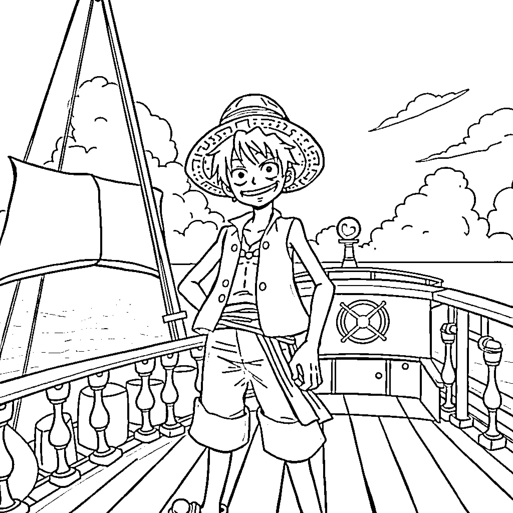 Luffy exploring the seas on his ship Coloring Page (free black-and-white line drawing printable PDF for all, from beginners to advanced learners, including children, teens, adults, and seniors)