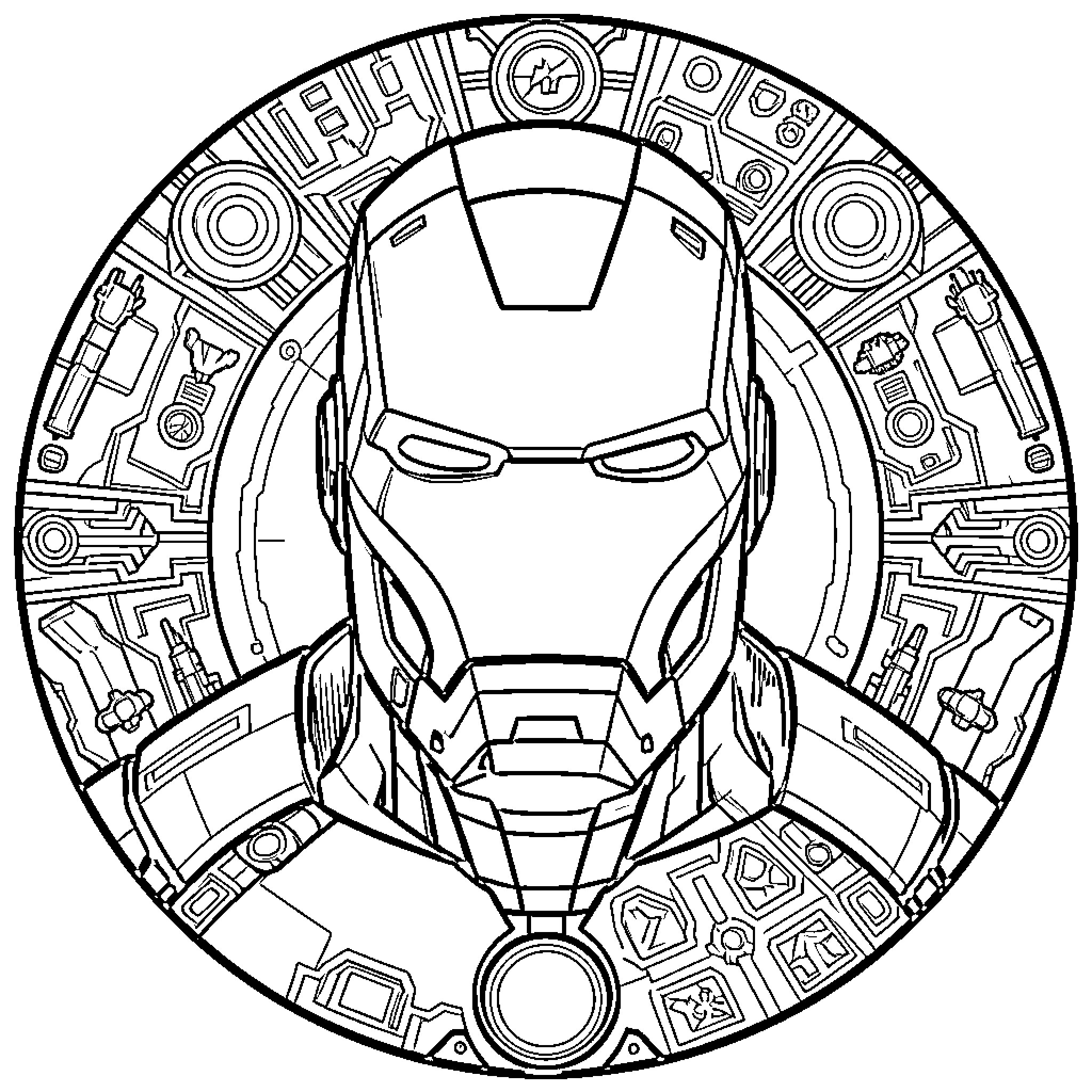 Iron Man in high-tech mechanical armor Coloring Page (free black-and-white line drawing printable PDF for all, from beginners to advanced learners, including children, teens, adults, and seniors)
