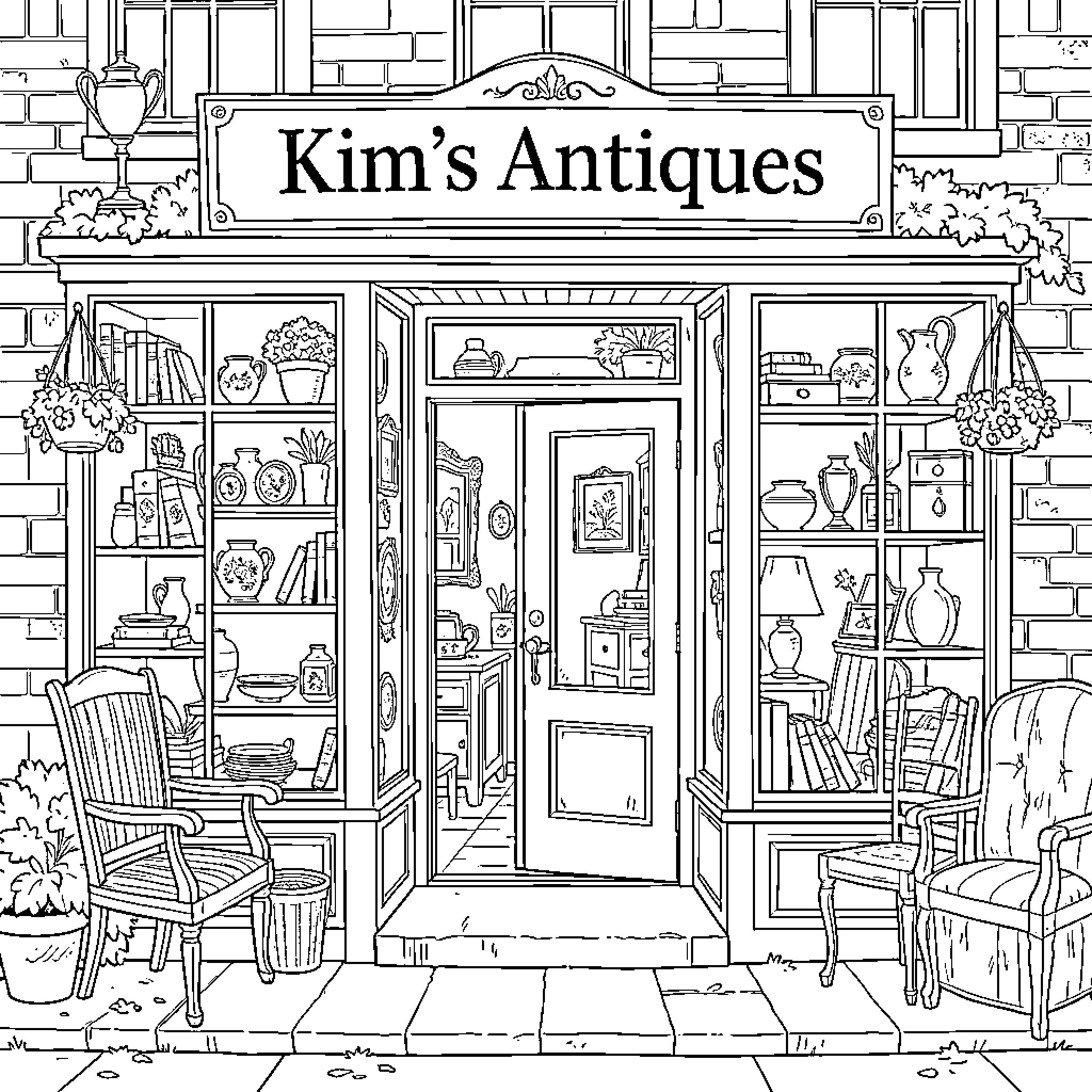 Antique shop storefront displaying various vintage decorative items Coloring Page (free black-and-white line drawing printable PDF for all, from beginners to advanced learners, including children, teens, adults, and seniors)
