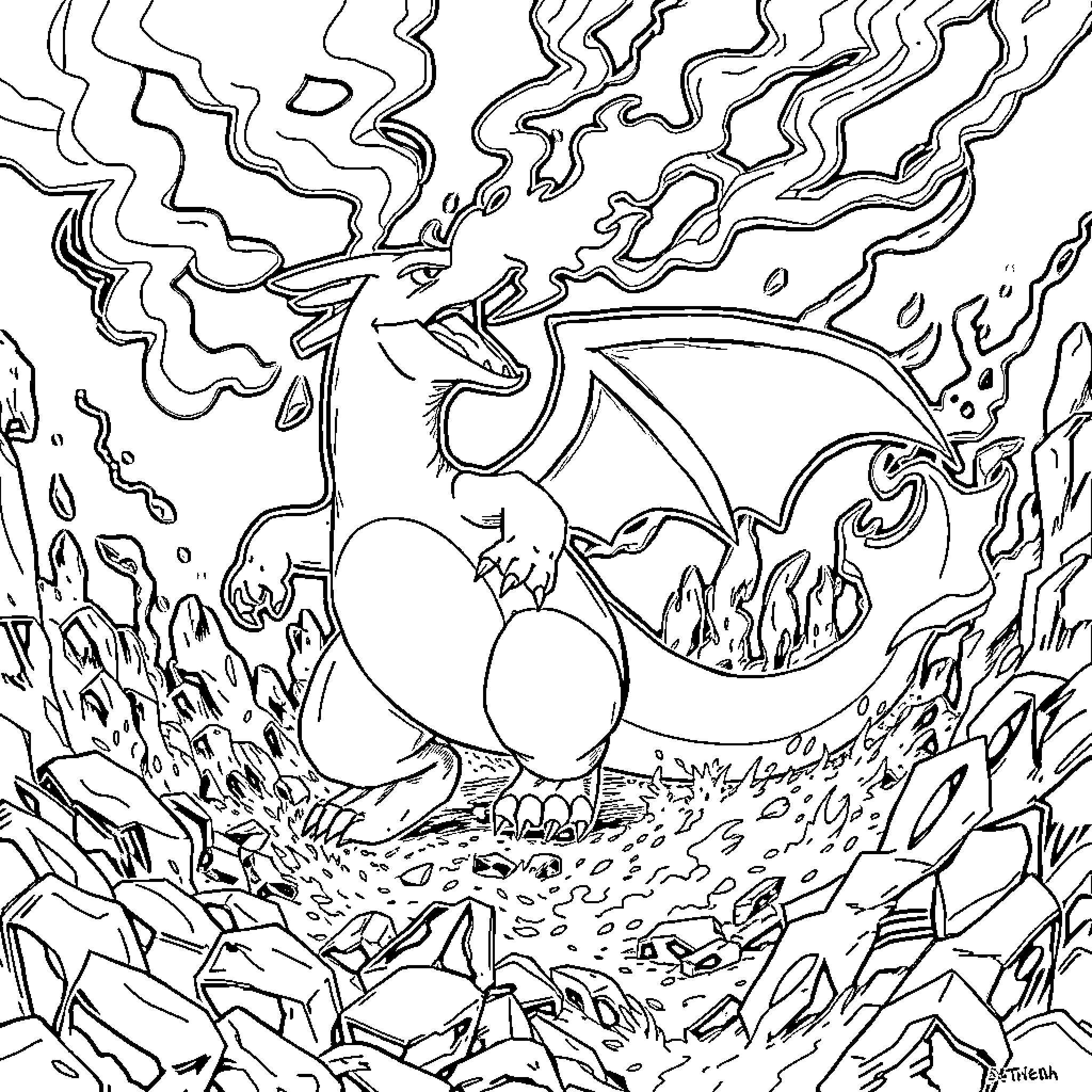 Charizard unleashing powerful flames in a fiery landscape Coloring Page (free black-and-white line drawing printable PDF for all, from beginners to advanced learners, including children, teens, adults, and seniors)