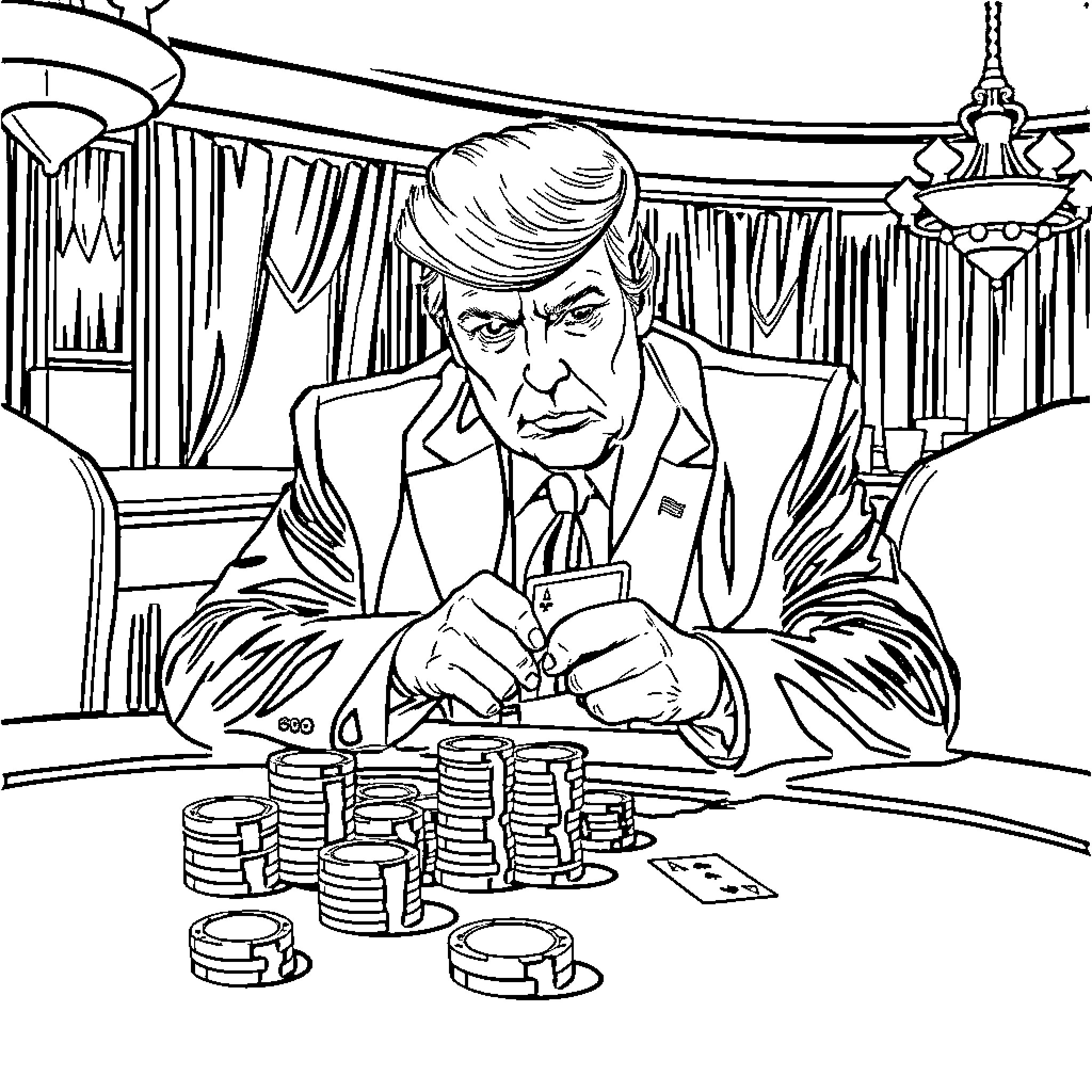 Trump Gambles in Opulent Casino Surroundings Coloring Page (free black-and-white line drawing printable PDF for all, from beginners to advanced learners, including children, teens, adults, and seniors)