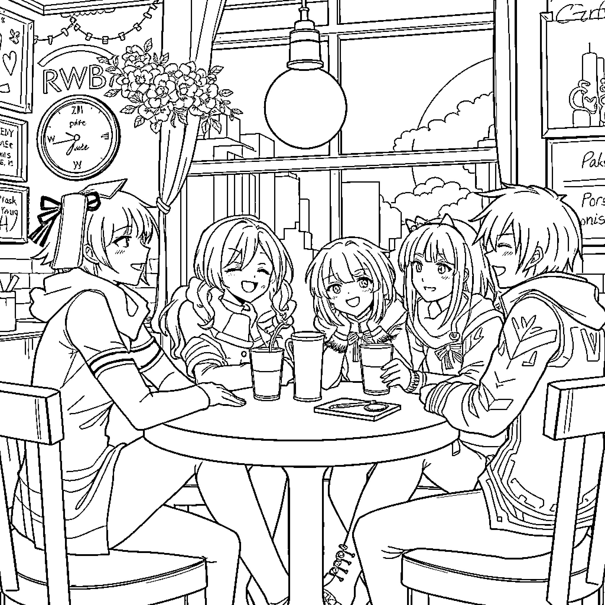 RWBY Characters Gathered in a Cozy Cafe Coloring Page (free black-and-white line drawing printable PDF for all, from beginners to advanced learners, including children, teens, adults, and seniors)