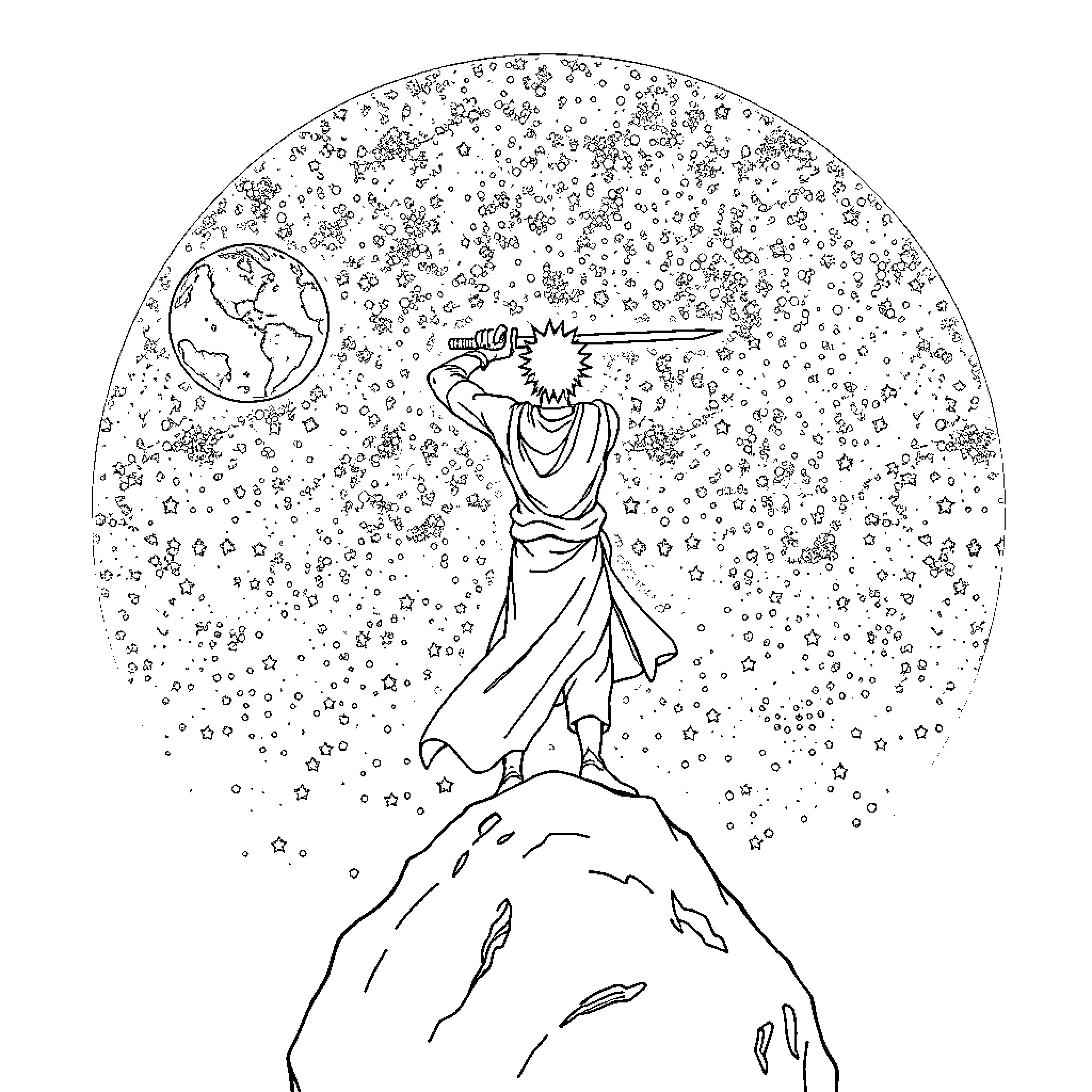 Zoro gazing at the starry night sky atop a mountain Coloring Page (free black-and-white line drawing printable PDF for all, from beginners to advanced learners, including children, teens, adults, and seniors)