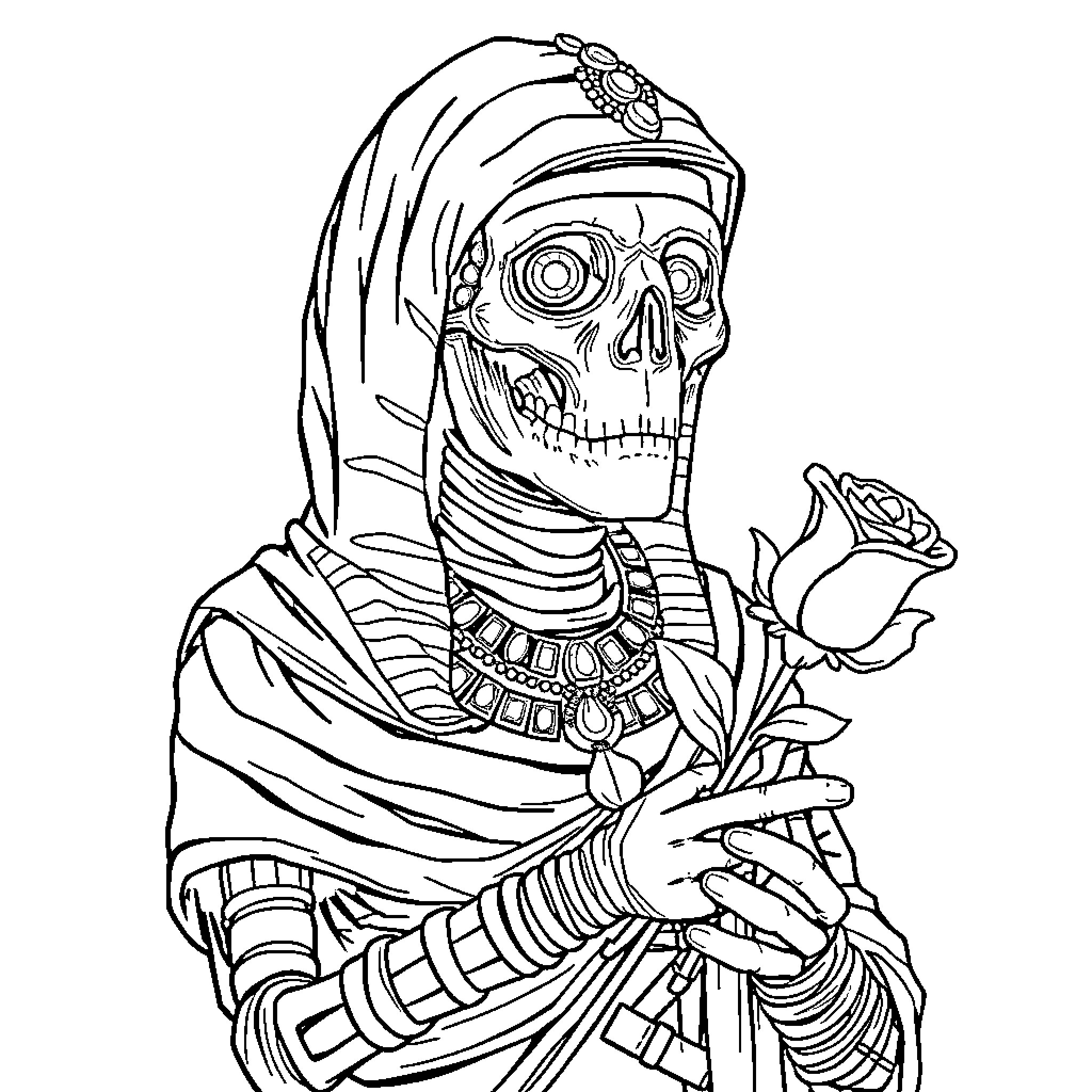 Mummy holding a rose with ornate details Coloring Page (free black-and-white line drawing printable PDF for all, from beginners to advanced learners, including children, teens, adults, and seniors)