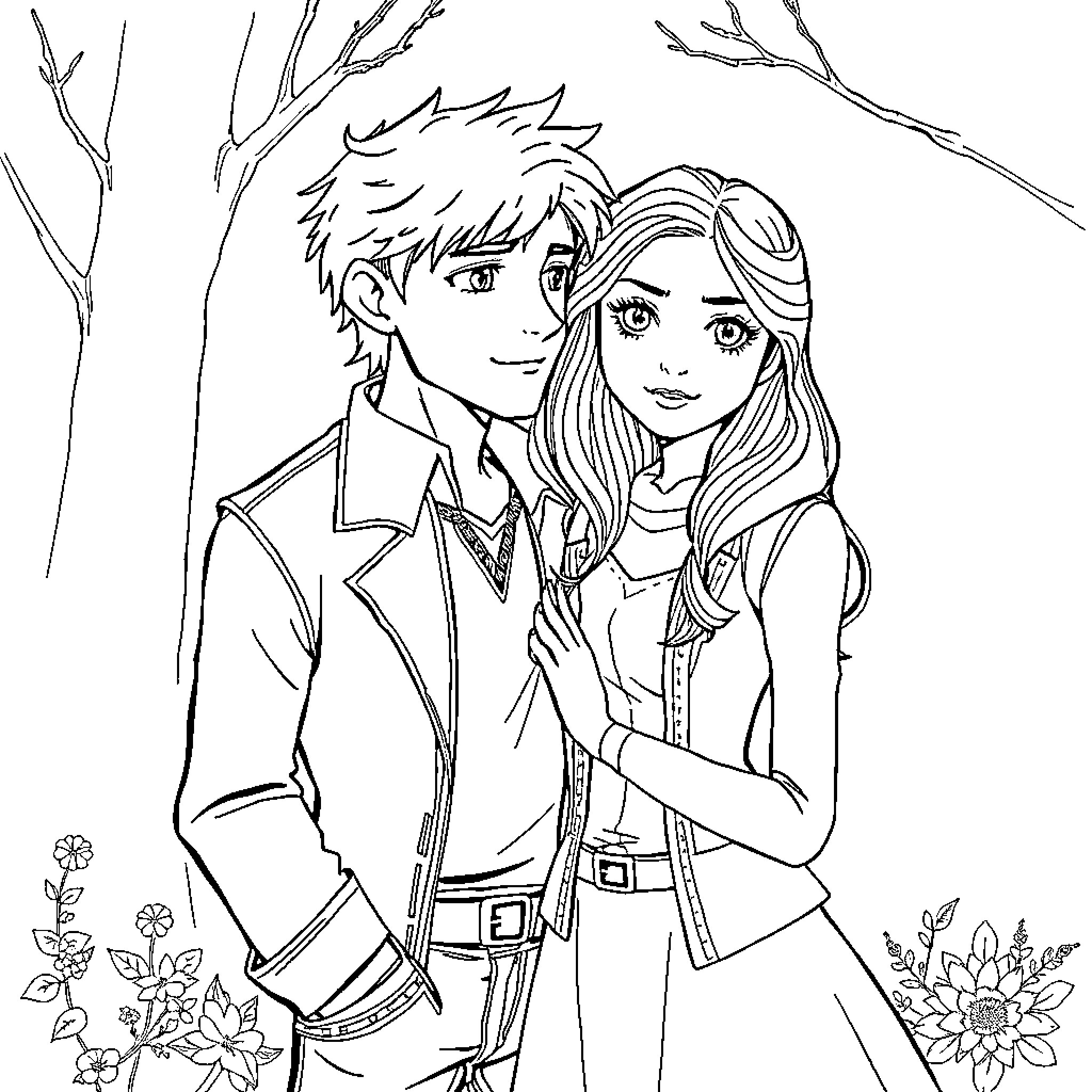 Jack and Jill's Romantic Adventure Coloring Page (free black-and-white line drawing printable PDF for all, from beginners to advanced learners, including children, teens, adults, and seniors)