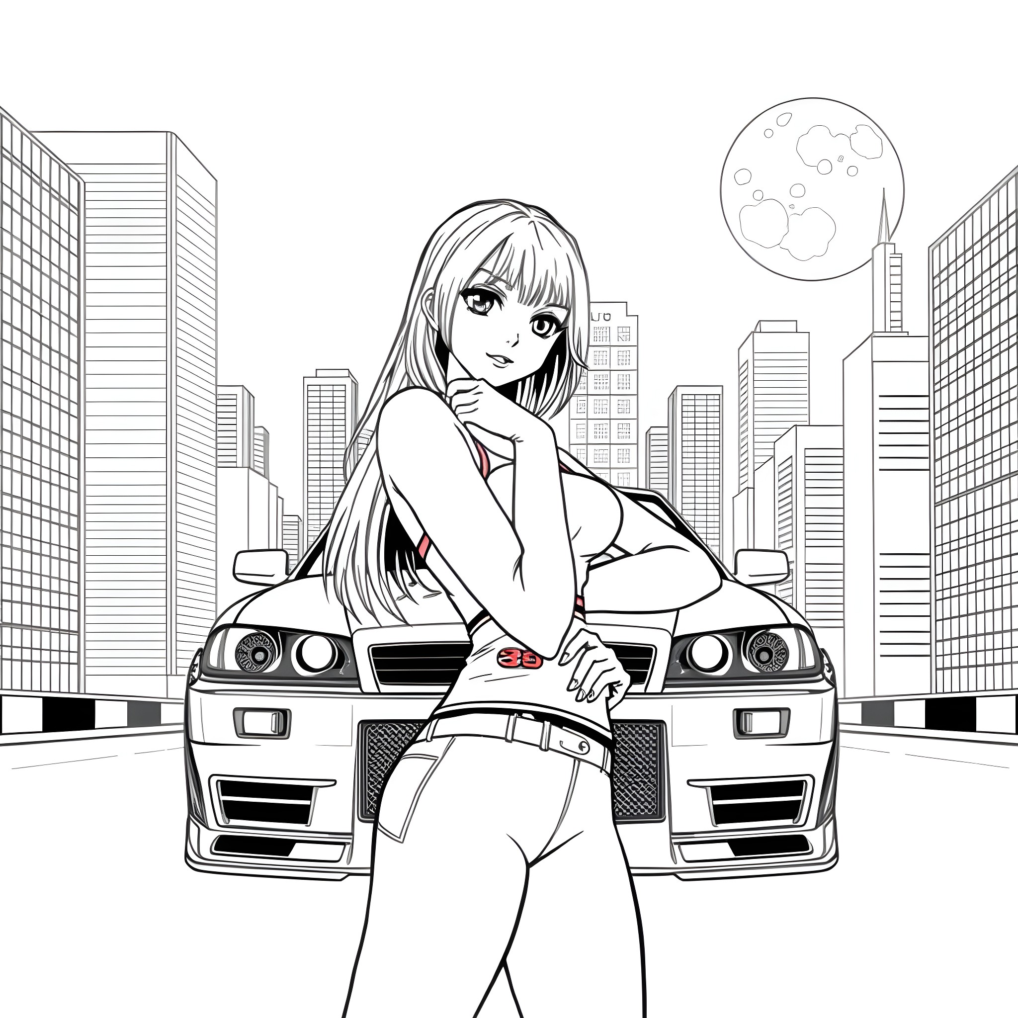 Anime Girl Posing with Sports Car in City Coloring Page (free black-and-white line drawing printable PDF for all, from beginners to advanced learners, including children, teens, adults, and seniors)