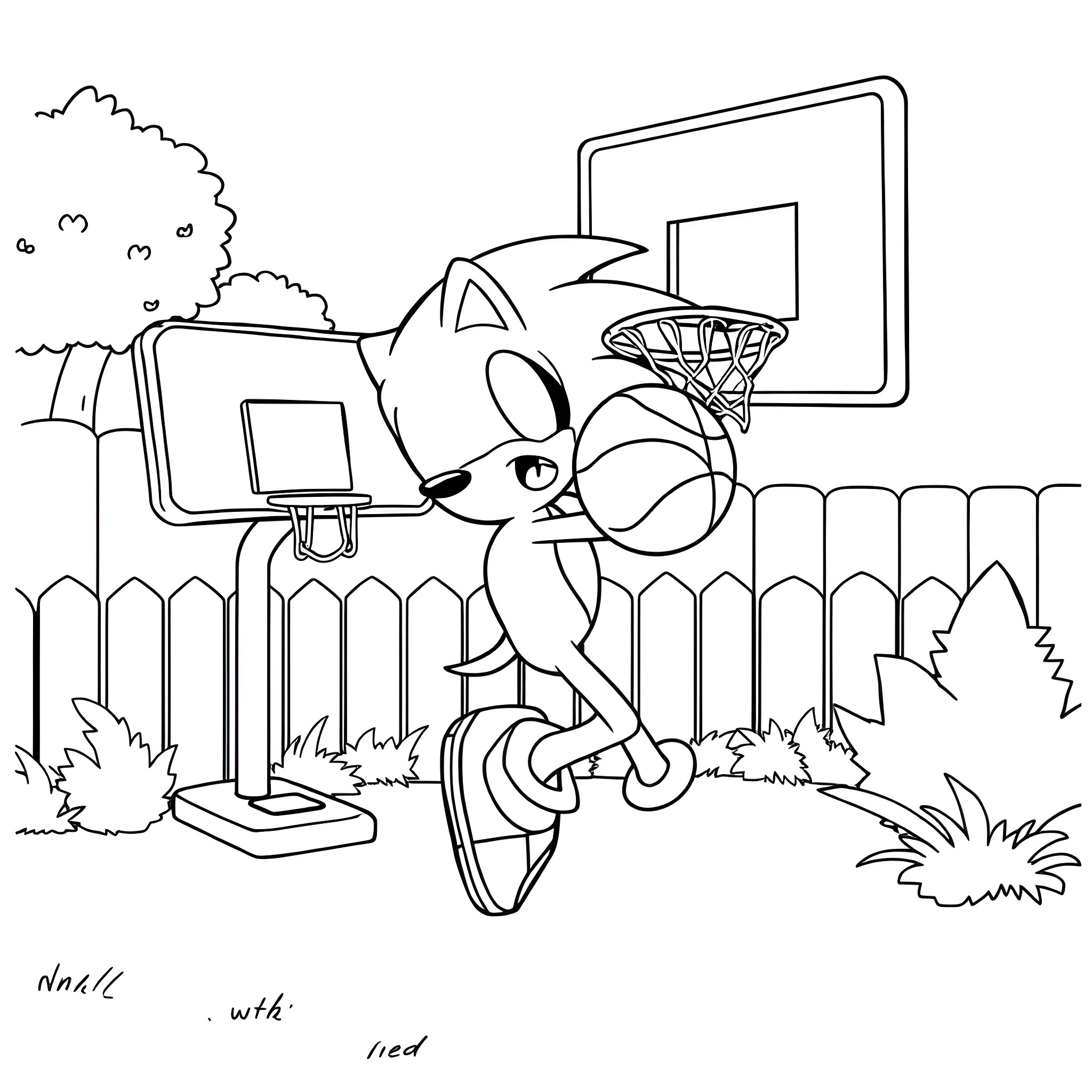 Sonic playing basketball on the court Coloring Page (free black-and-white line drawing printable PDF for all, from beginners to advanced learners, including children, teens, adults, and seniors)