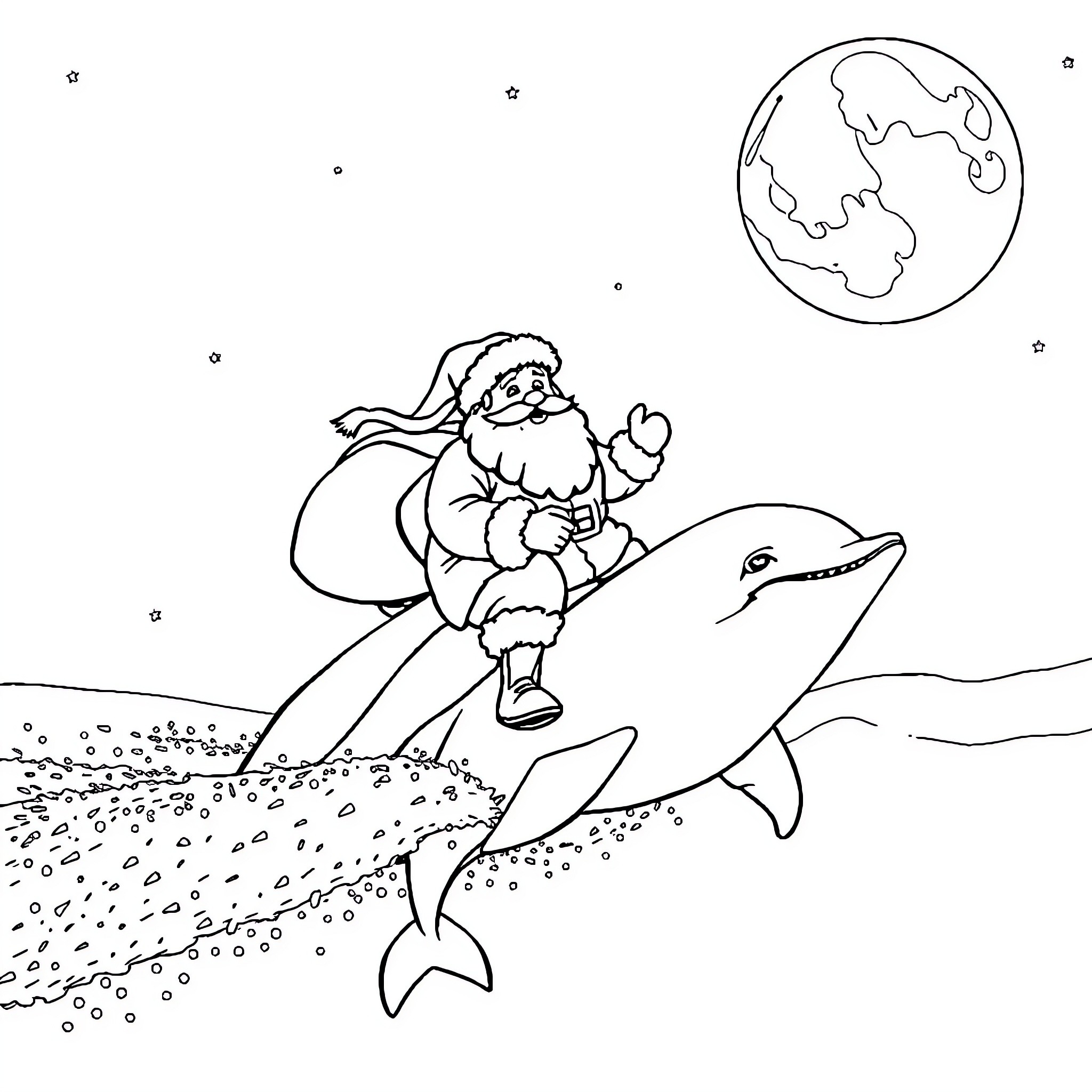 Santa Claus riding a dolphin in the ocean Coloring Page (free black-and-white line drawing printable PDF for all, from beginners to advanced learners, including children, teens, adults, and seniors)