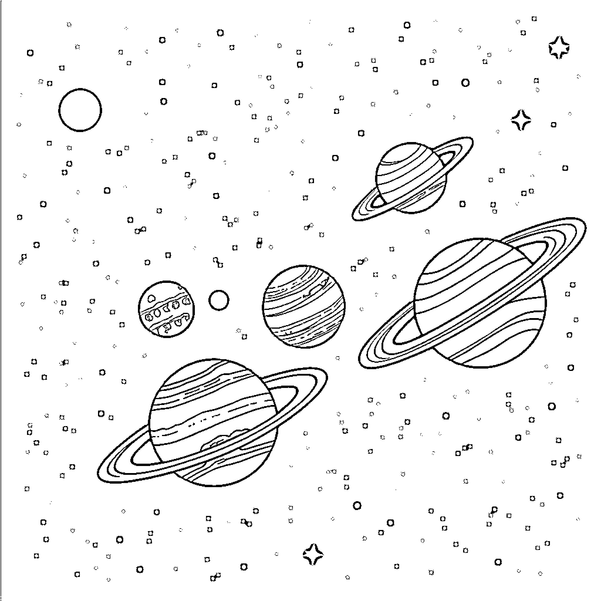 Planet Exploration in the Cosmic Expanse Coloring Page (free black-and-white line drawing printable PDF for all, from beginners to advanced learners, including children, teens, adults, and seniors)