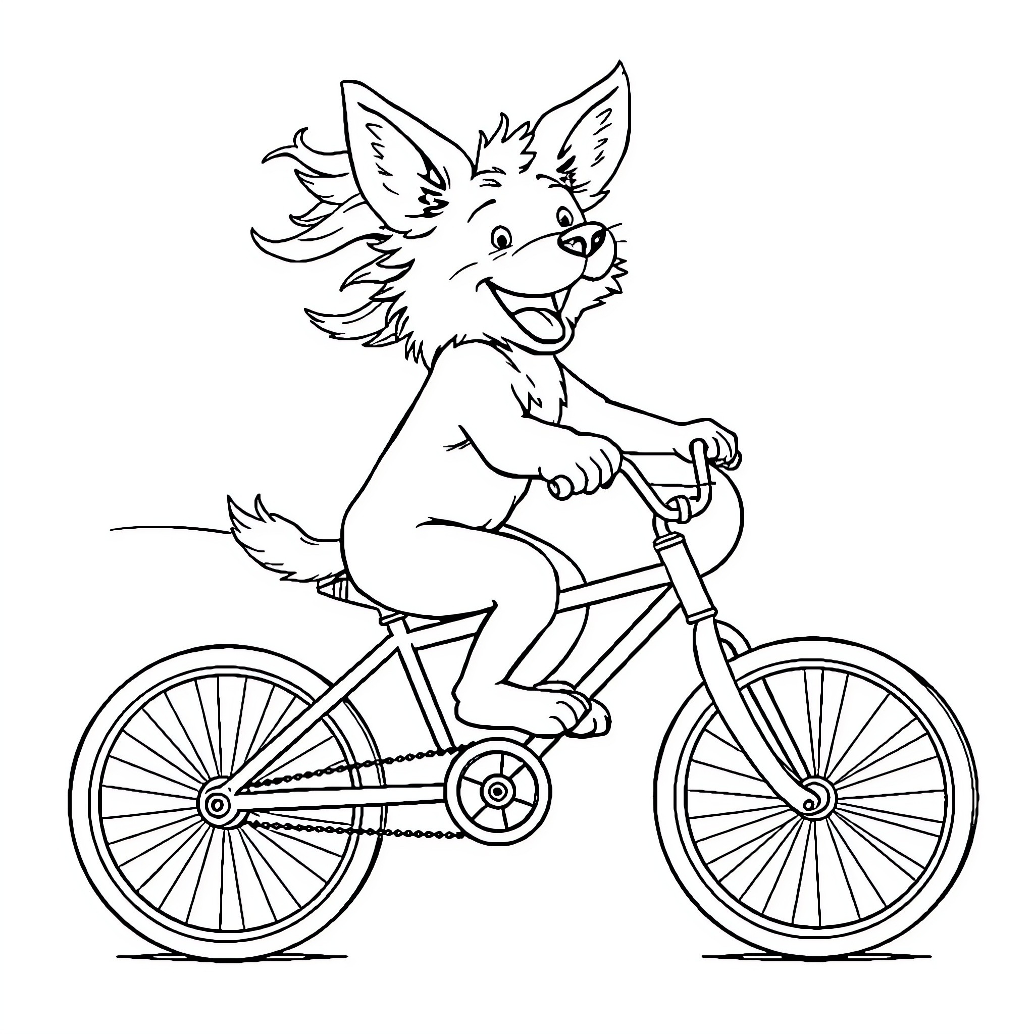 Dog riding bicycle happily Coloring Page (free black-and-white line drawing printable PDF for all, from beginners to advanced learners, including children, teens, adults, and seniors)