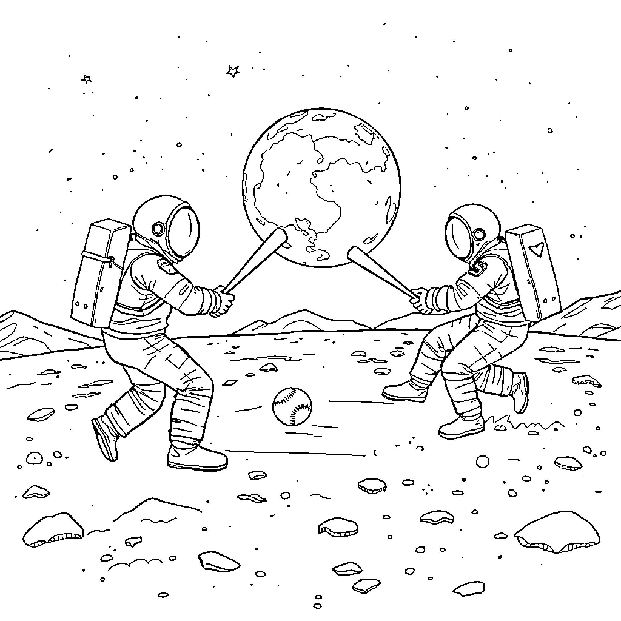 Astronauts exploring the lunar surface Coloring Page (free black-and-white line drawing printable PDF for all, from beginners to advanced learners, including children, teens, adults, and seniors)
