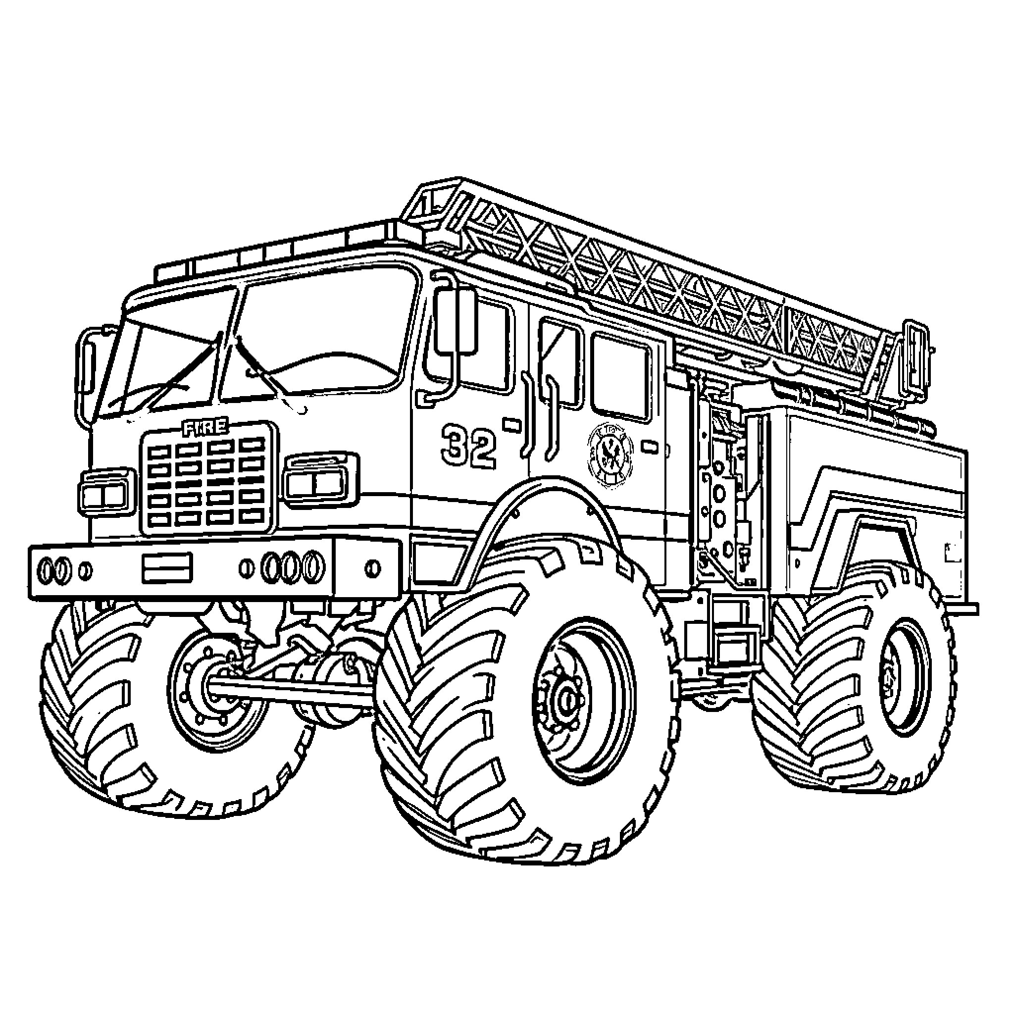 Monster Truck Firefighting Rescue Vehicle Coloring Page (free black-and-white line drawing printable PDF for all, from beginners to advanced learners, including children, teens, adults, and seniors)